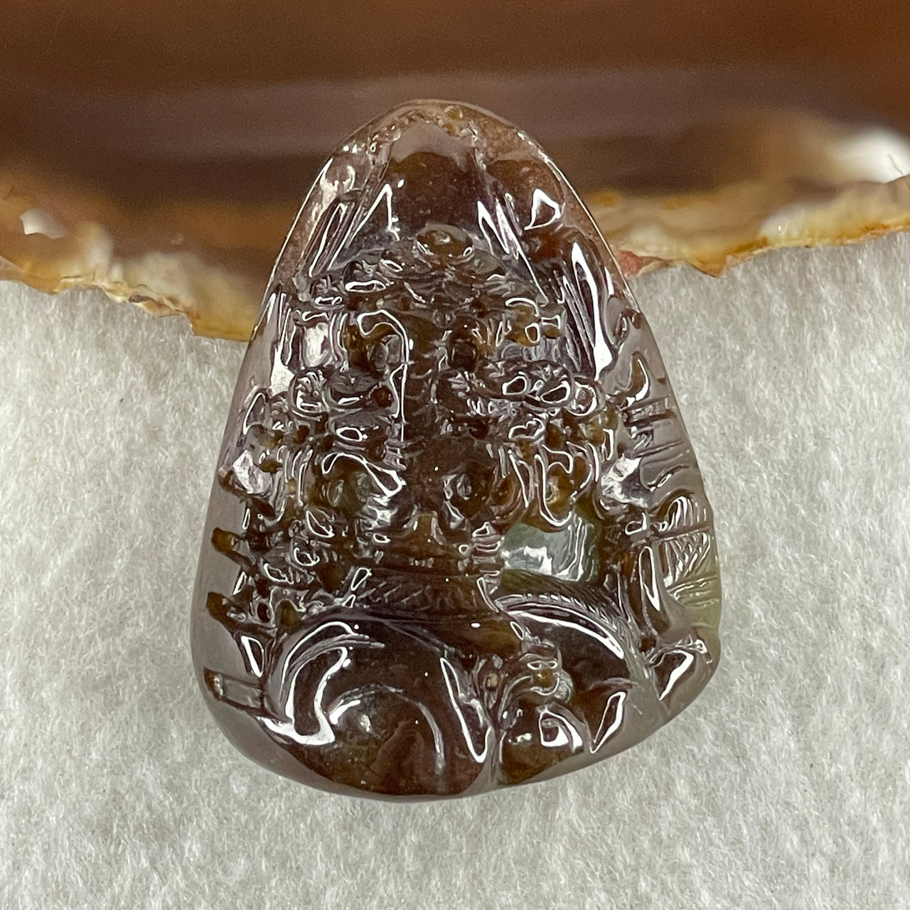 Type A Dark Brown and Blueish Green Jadeite Double Sided Shan Shui Gui Ren Benefactor Pendant 42.63g 43.2 by 36.0 by 20.2mm - Huangs Jadeite and Jewelry Pte Ltd