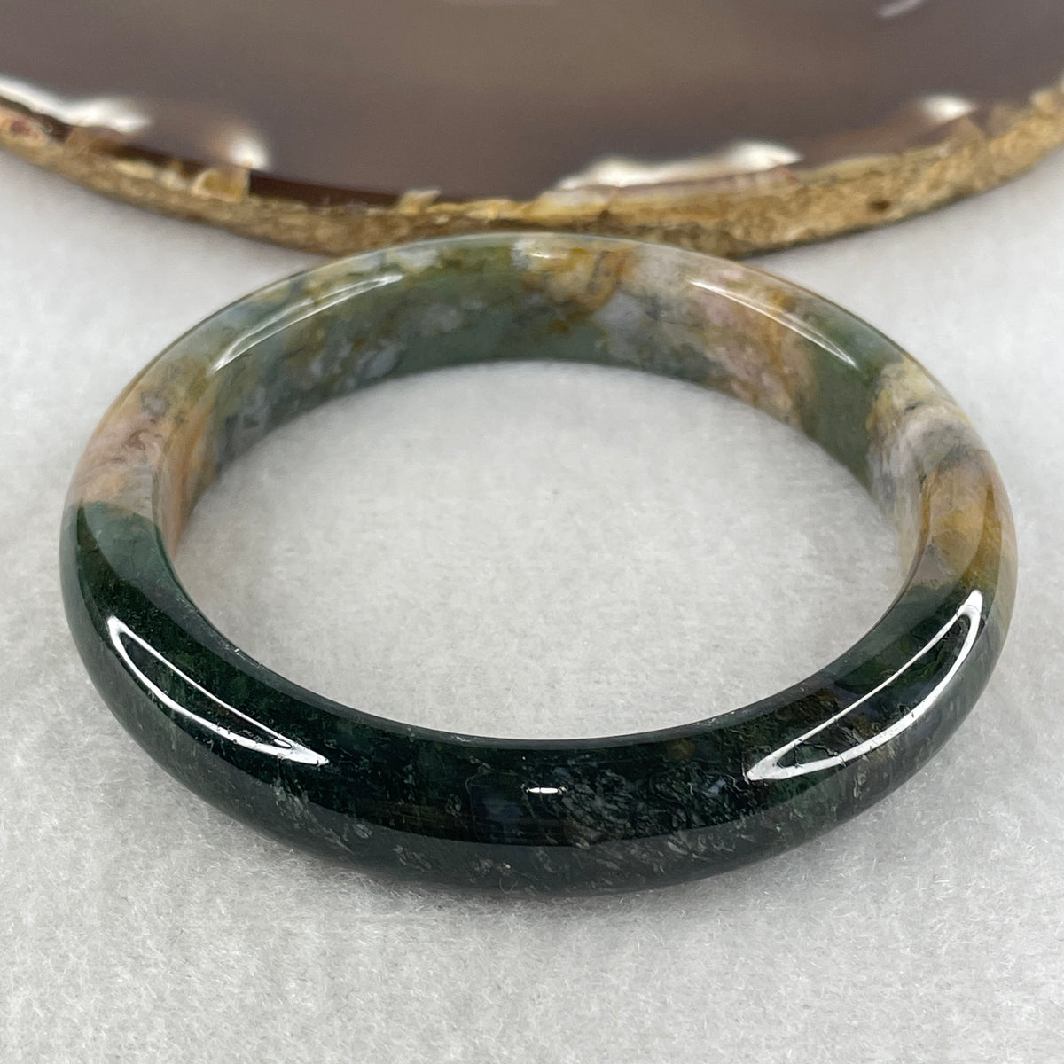 Natural Green & Brown Patches Moss Agate Bangle |(37.53g | 55.8mm Inner Diameter | 11.3x7.8mm | Very Very Slight Natural Internal Line | Harmony, Grounding Vitality, Emotional Healing & Growth Magnet)