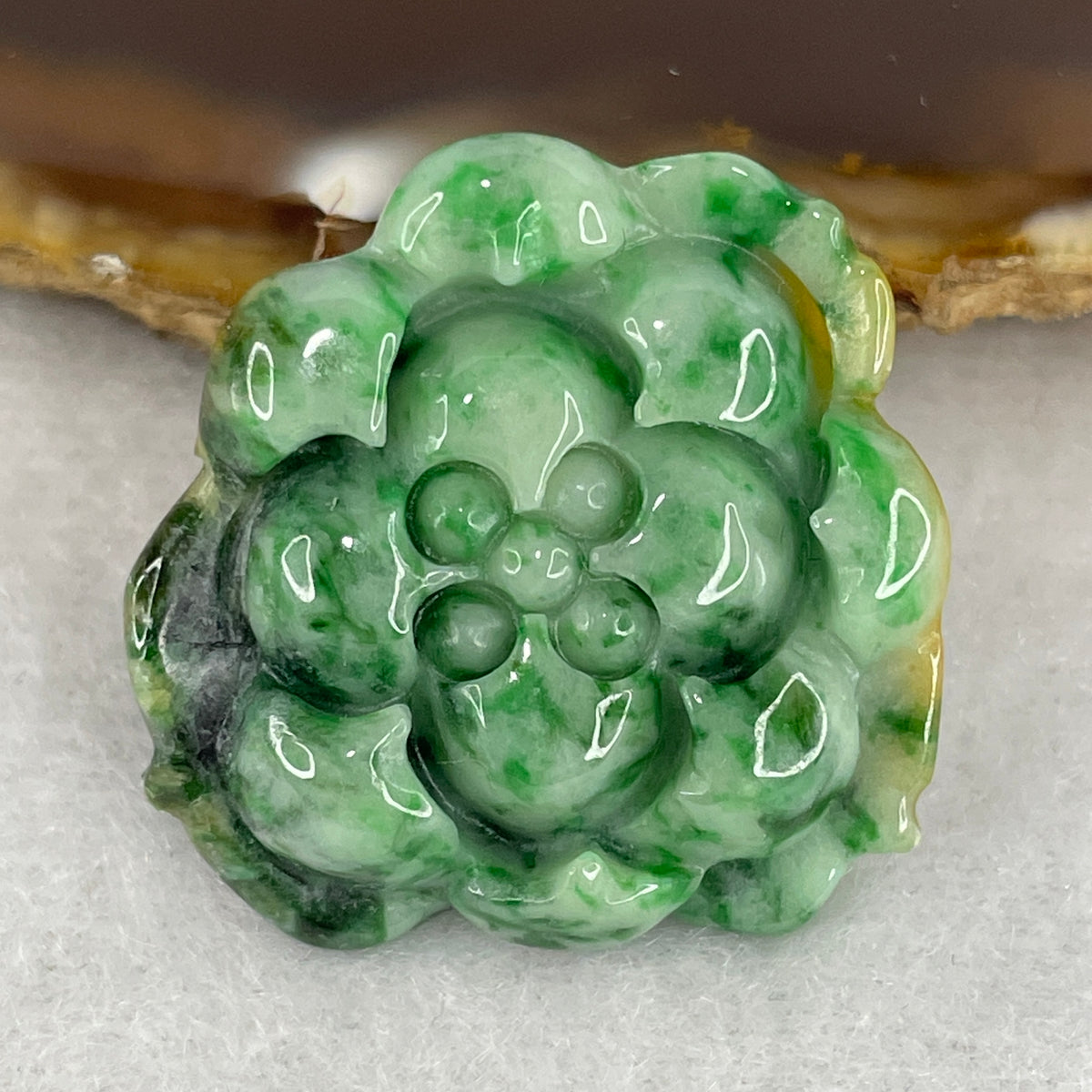 Natural Type A Green with Yellowish & Dark Green Piao Hua Jadeite Lotus Flower Pendant Charm | Spiritual Purity & Wealth Attraction (9.33g | 27.0x27.1x7.6mm)