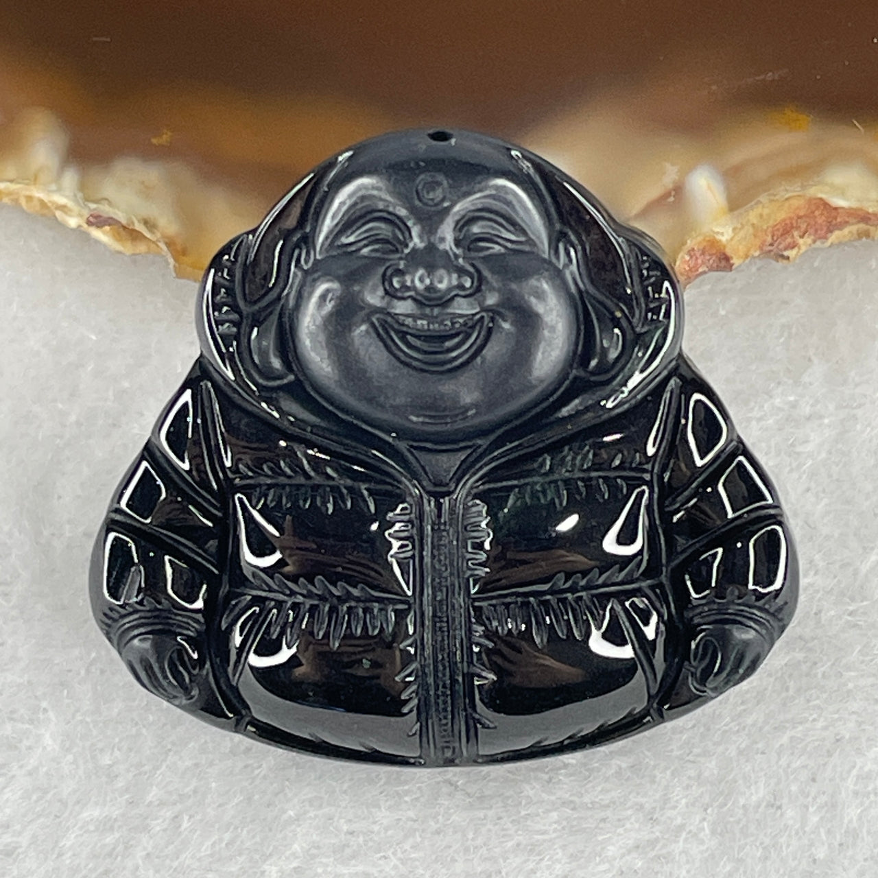 Symbol of Luck, Wealth and Happiness - Certified Natural Type A Black Jadeite Milo Laughing Buddha Pendant with Jacket 15.15g 29.9 by 32.3 by 9.0mm