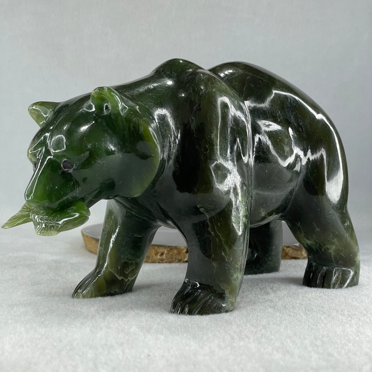 Natural Dark Green Serpentine Bear eating Fish Display 1,800.0g 180.5 by 82.0 by 107.0mm - Huangs Jadeite and Jewelry Pte Ltd