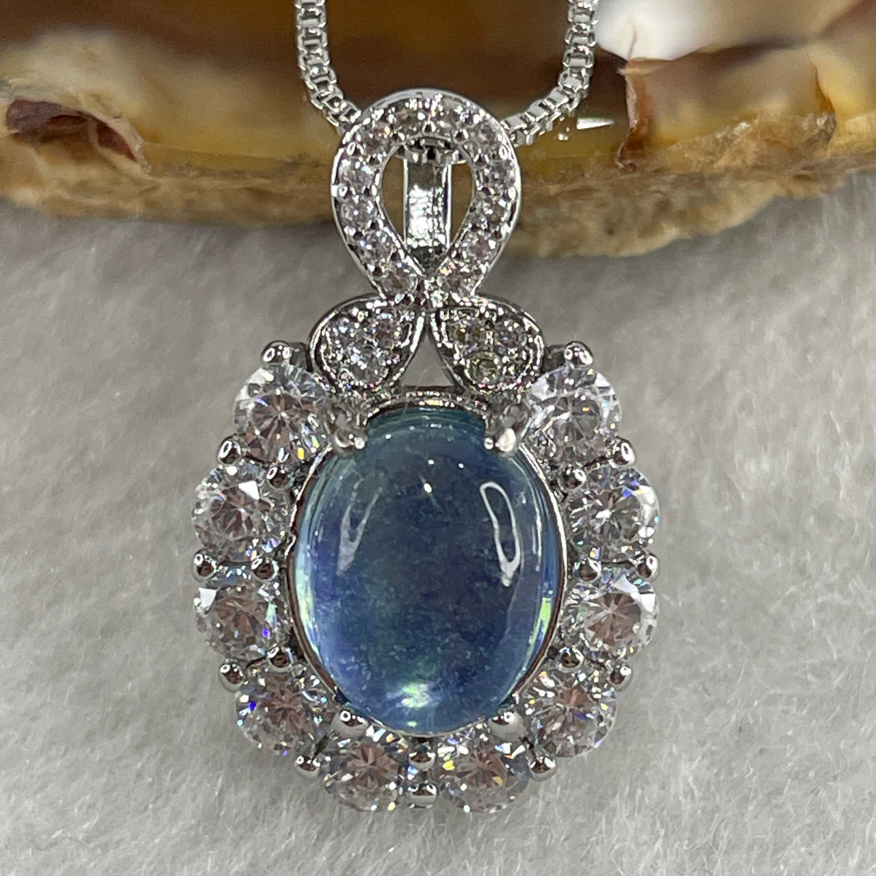 Natural Blue Aquamarine Cabochon Pendant on S925 Sliver 5.11g 9.8 by 6.7 by 3.8mm - Huangs Jadeite and Jewelry Pte Ltd