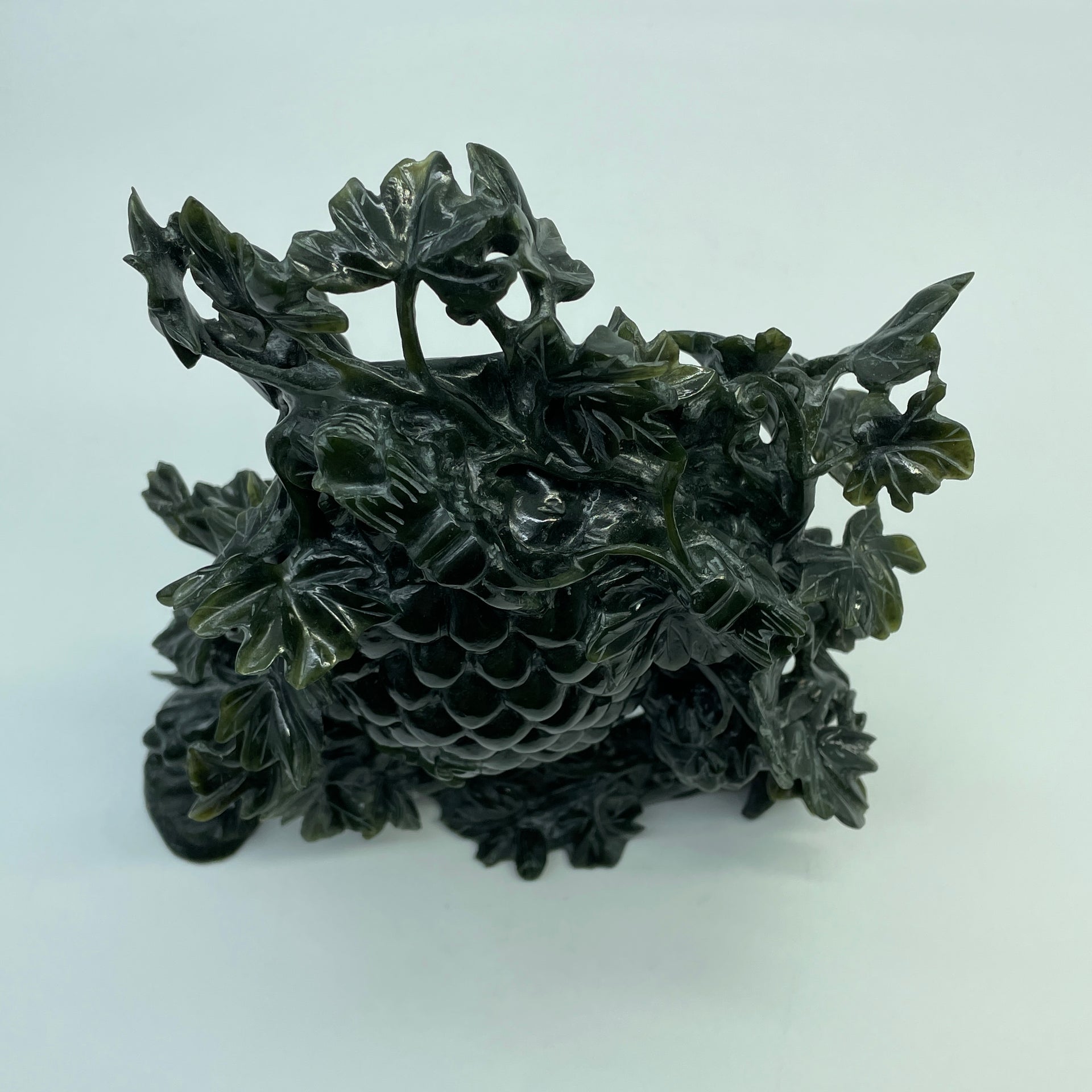 Natural Dark Green Nephrite Cricket Pair on Grapes Plant with Wooden Display 2,429.6g 241.0 by 100.0 by 260.0mm - Huangs Jadeite and Jewelry Pte Ltd