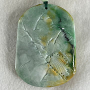 Type A Brown Blueish Green with Yellow Jadeite Shan Shui with Guiren Benefactor Pendant 93.95g 66.8 by 49.0 by 13.8mm - Huangs Jadeite and Jewelry Pte Ltd