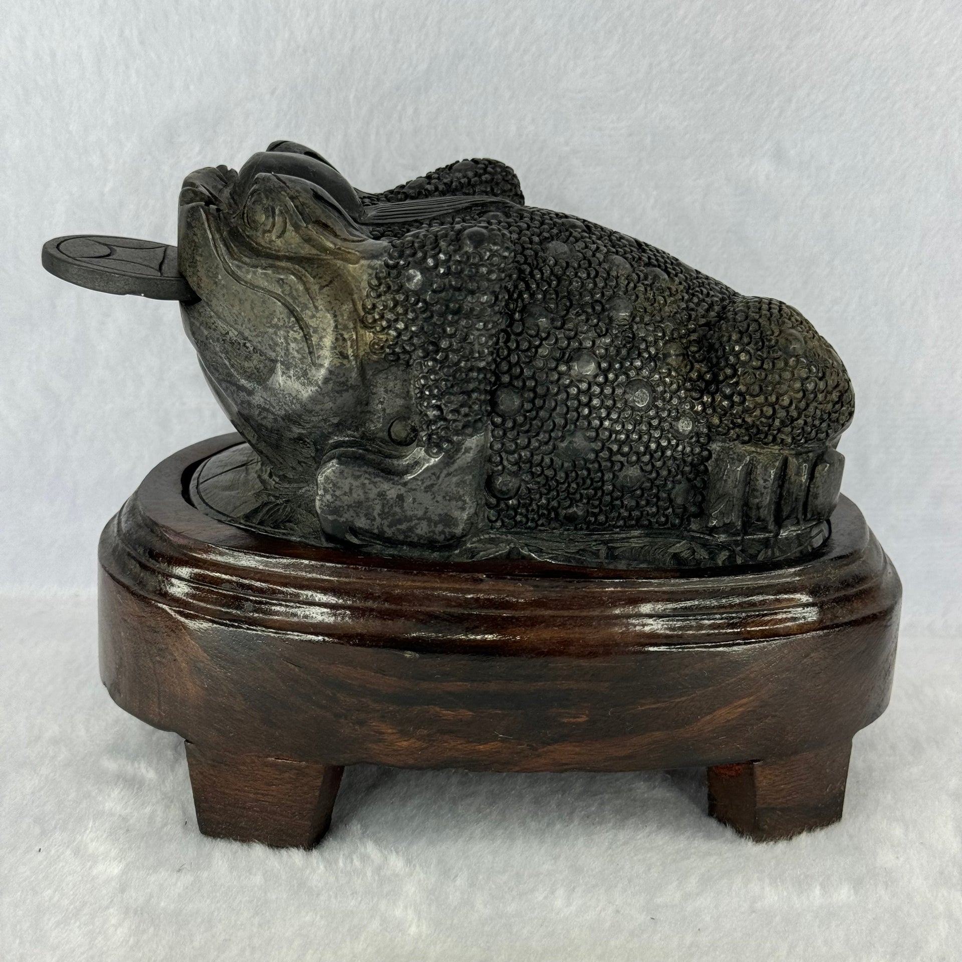 Rare Natural Tibetan Meteorite Tektite 3 Legged Toad with Wooden Stand Display 2,345.1g 170.0 by 118.0 by 125.0mm - Huangs Jadeite and Jewelry Pte Ltd