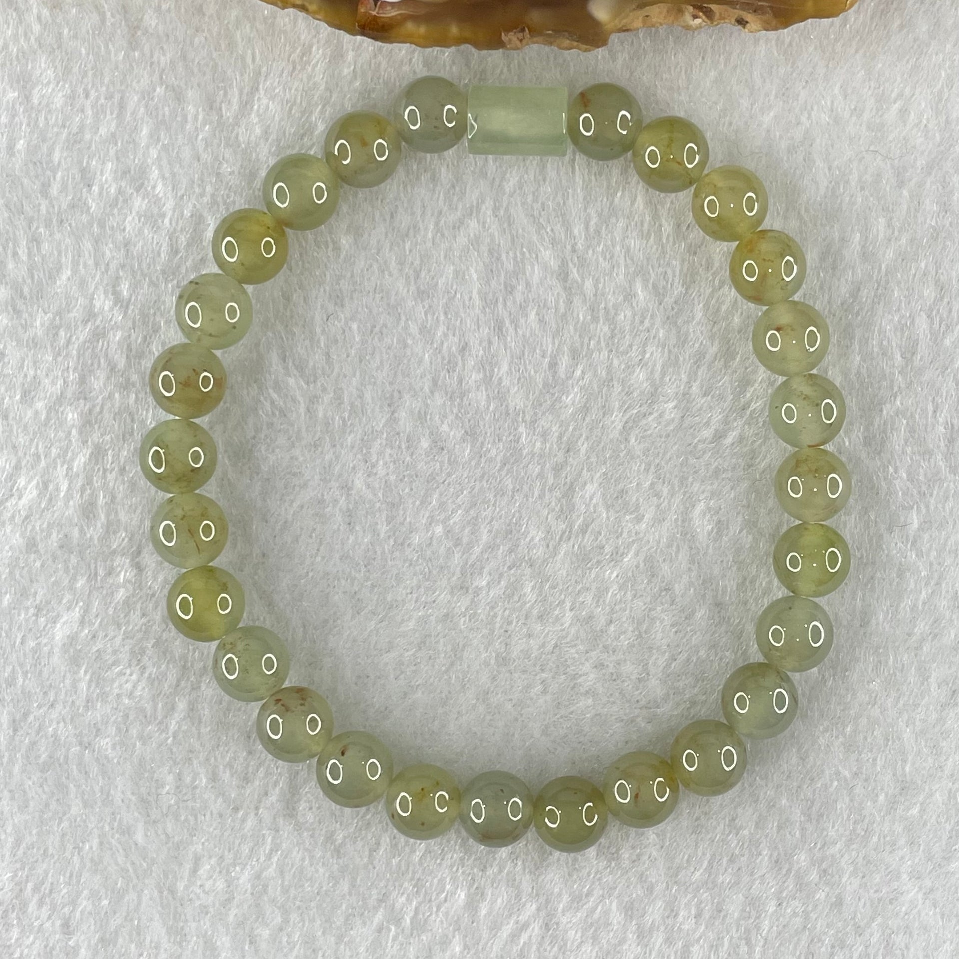 Type A Brownish Semi Icy Light Blueish Green and Yellow Jadeite Beads with White Lulu Tong Bracelet 13.12g 15.5cm 6.5cm 27 Beads 8.5 by 5.8 1pcs - Huangs Jadeite and Jewelry Pte Ltd