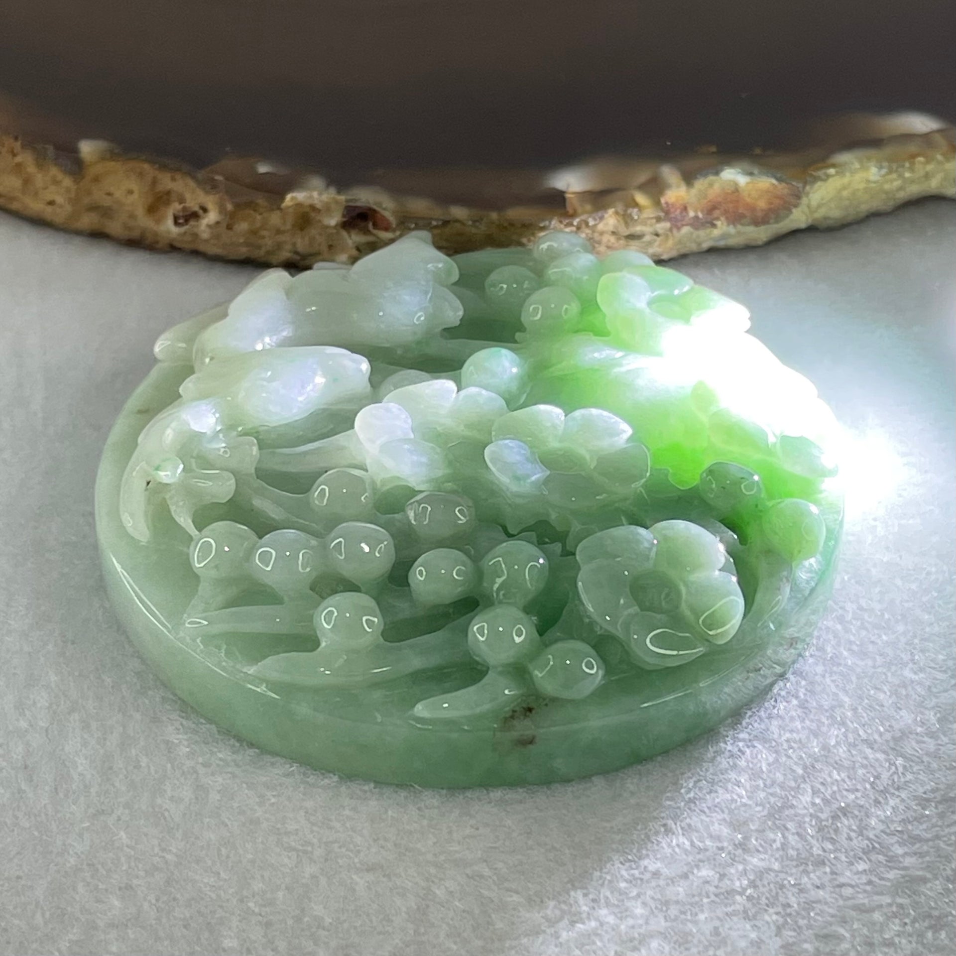 Type A Green with Faint Lavender Jadeite Deer with Ruyi and Flowers Bangle Inner Diameter 60.5mm 12.9 by 10.6mm and Pendant 58.6 by 12.9mm Total 153.67g - Huangs Jadeite and Jewelry Pte Ltd