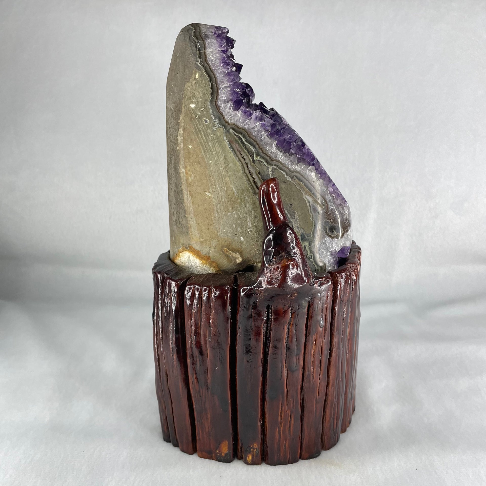 Natural Deep Intense Purple Amethyst Cave with Wooden Stand 2,097.3g 109.9 by 121.7 by 210.0mm - Huangs Jadeite and Jewelry Pte Ltd
