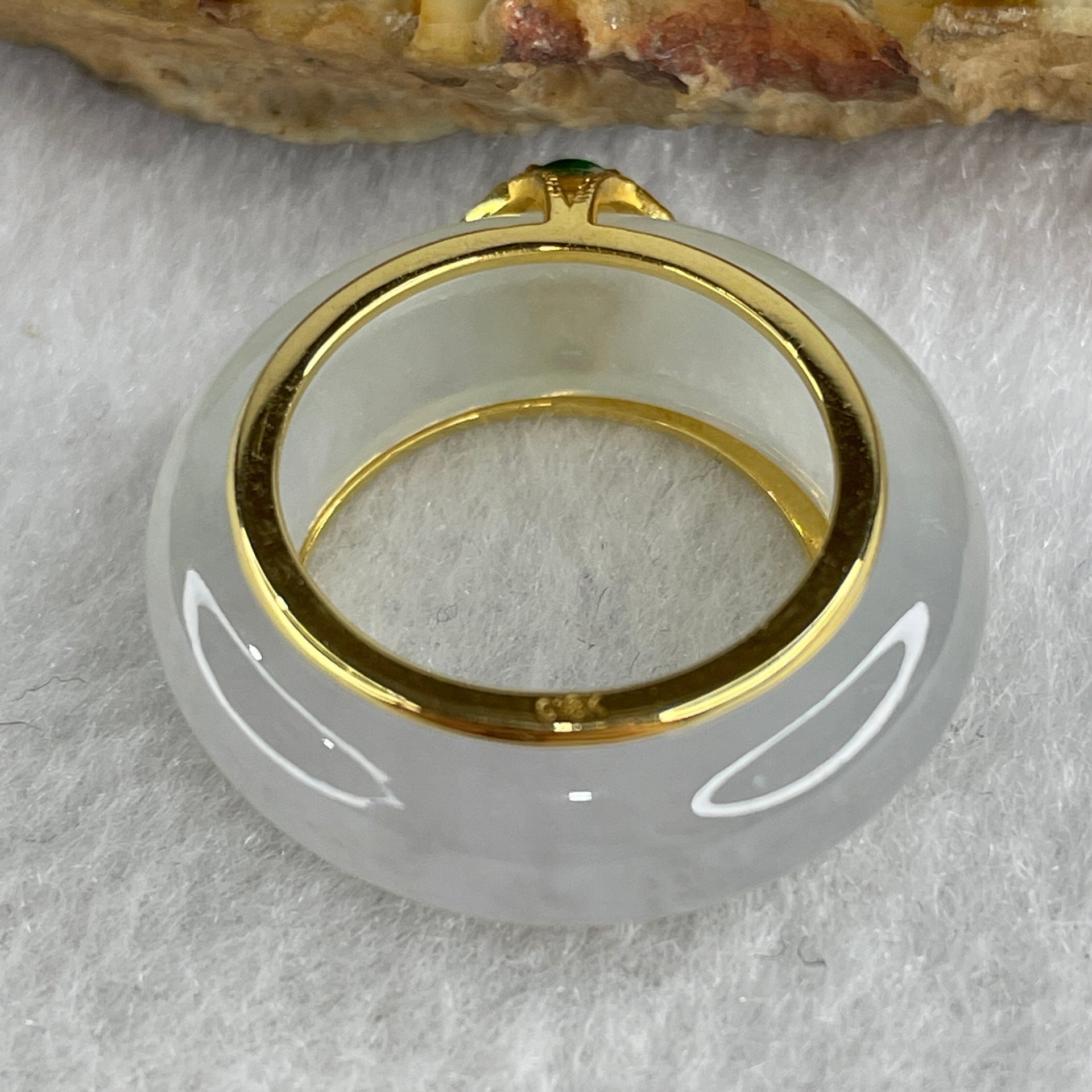 Natural Type A Icy Colorless to White Jadeite Ring with 18k Yellow Gold and Green Jadeite Bead 6.52g 6.8 by 4.5mm US 5.2 HK 11.1 - Huangs Jadeite and Jewelry Pte Ltd