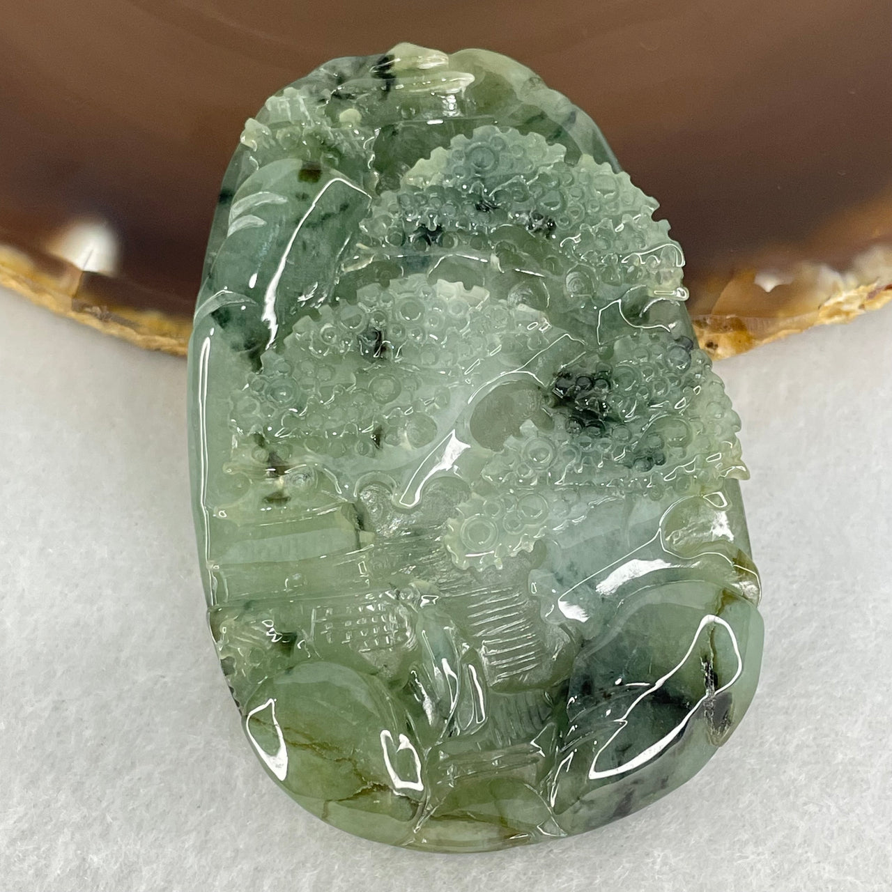 Type A Semi Icy Green with Dark Green Piao Hua Jadeite Shan Shui Gui Ren Benefactor Pendant 53.05g 59.6 by 40.3 by 10.7mm - Huangs Jadeite and Jewelry Pte Ltd