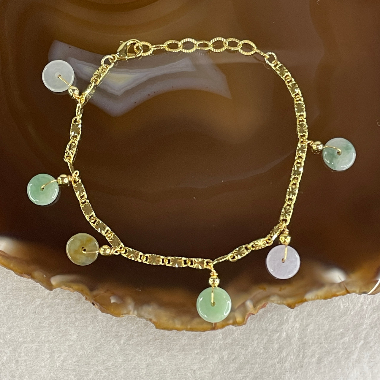 Natural Type A Muti Color ( Green, Lavender, Yellowish) Jadeite Donut Charm Bracelet 5.66g 14-18cm 8.2mm 6 Pcs - Huangs Jadeite and Jewelry Pte Ltd