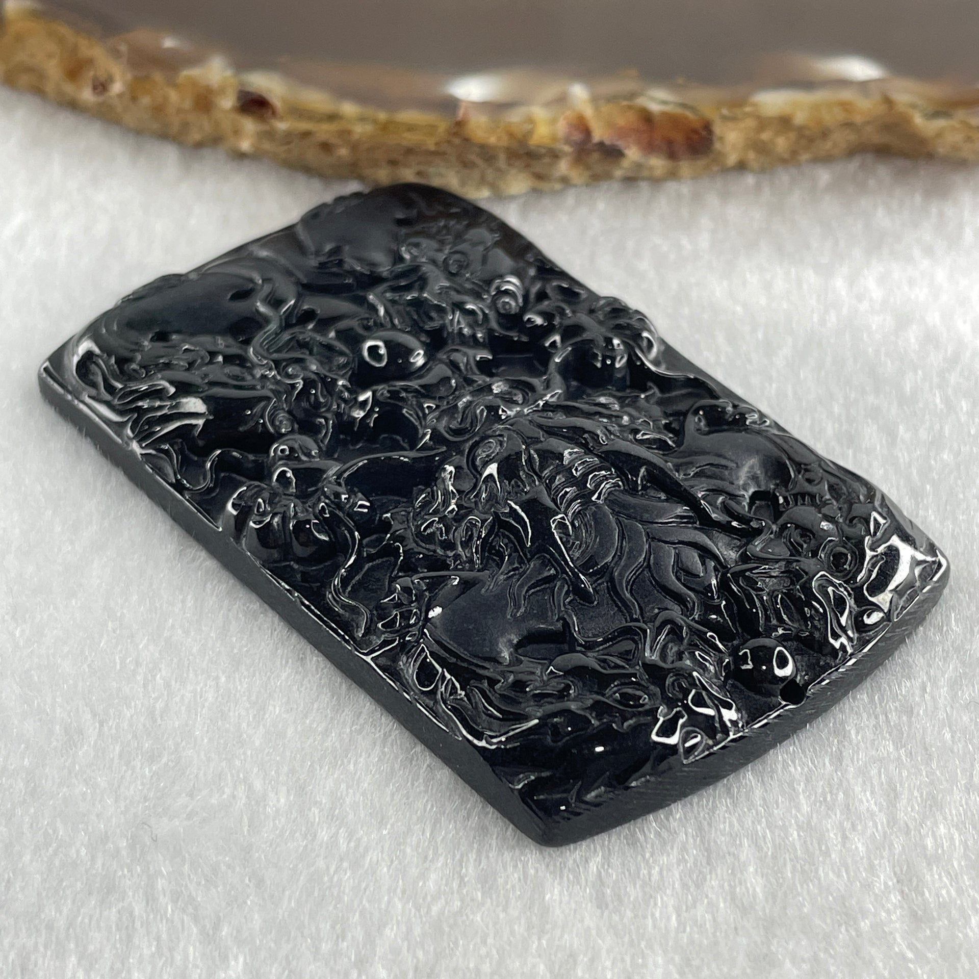 Type A Opaque to Partial Translucent Black Omphacite Jadeite 5 Dragons Pendant 32.20g 64.7 by 40.0 by 8.0mm - Huangs Jadeite and Jewelry Pte Ltd