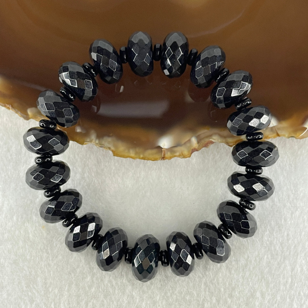 Type A Opaque Black Omphacite Jadeite Faceted Donut Ping An Kou Shape Beads Bracelet 59.39g 15cm 14.3mm 19 Beads - Huangs Jadeite and Jewelry Pte Ltd