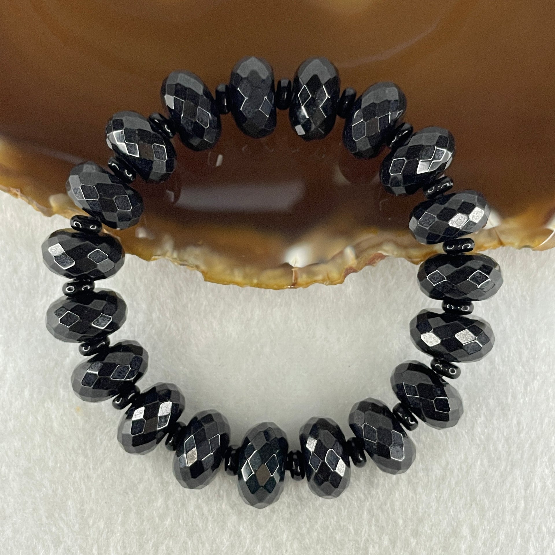Type A Opaque Black Omphacite Jadeite Faceted Donut Ping An Kou Shape Beads Bracelet 59.39g 15cm 14.3mm 19 Beads - Huangs Jadeite and Jewelry Pte Ltd