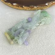 Type A Light Green with Deep Bright Lavender and Yellow Jadeite Pendant 45.66g 8.3 by 3.9 by 11mm with Wooden Stand - Huangs Jadeite and Jewelry Pte Ltd