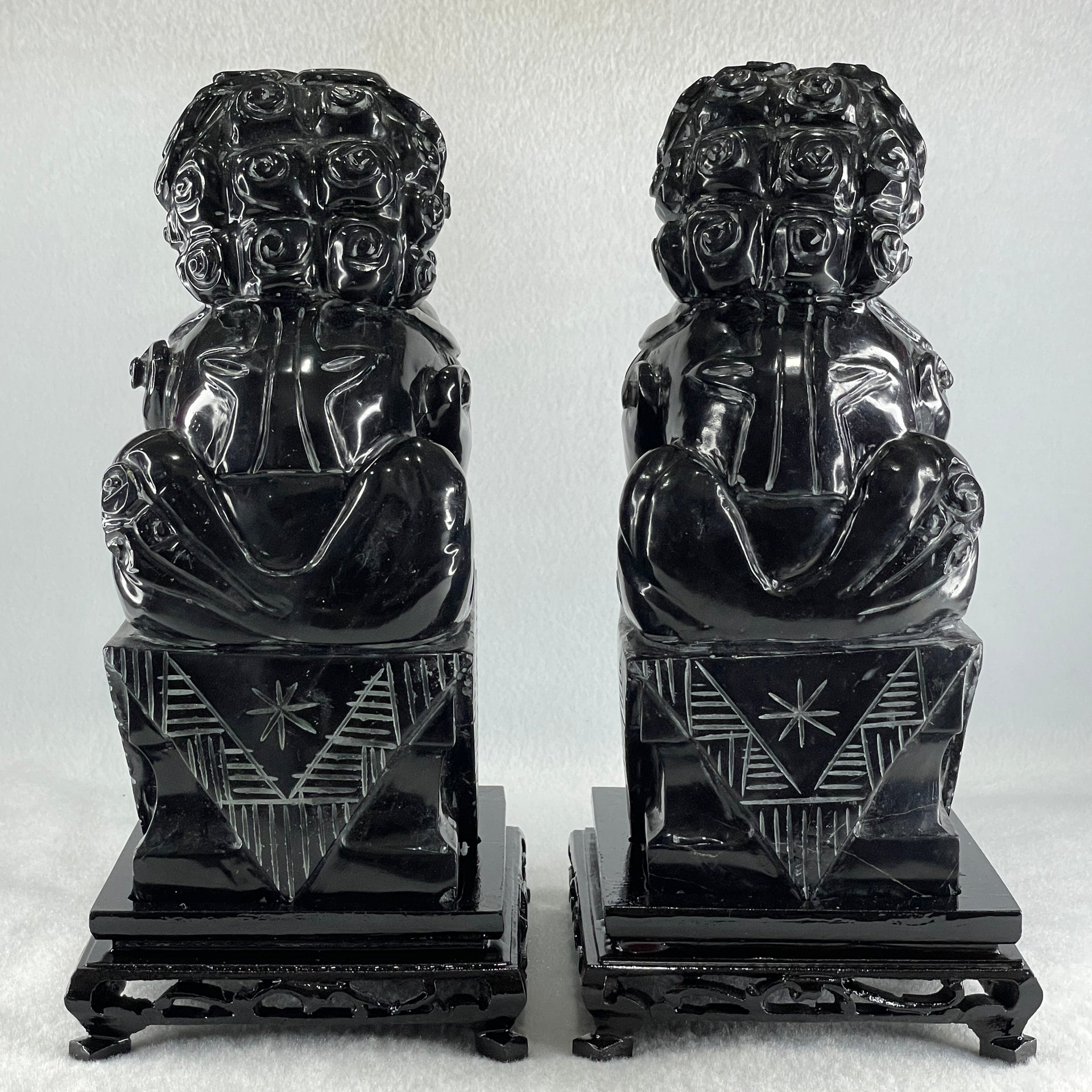 Black Pair of Fu Gou with Wooden Stand Display 5,365.5g Each about 110.0 by 15.0 by 230.0mm - Huangs Jadeite and Jewelry Pte Ltd