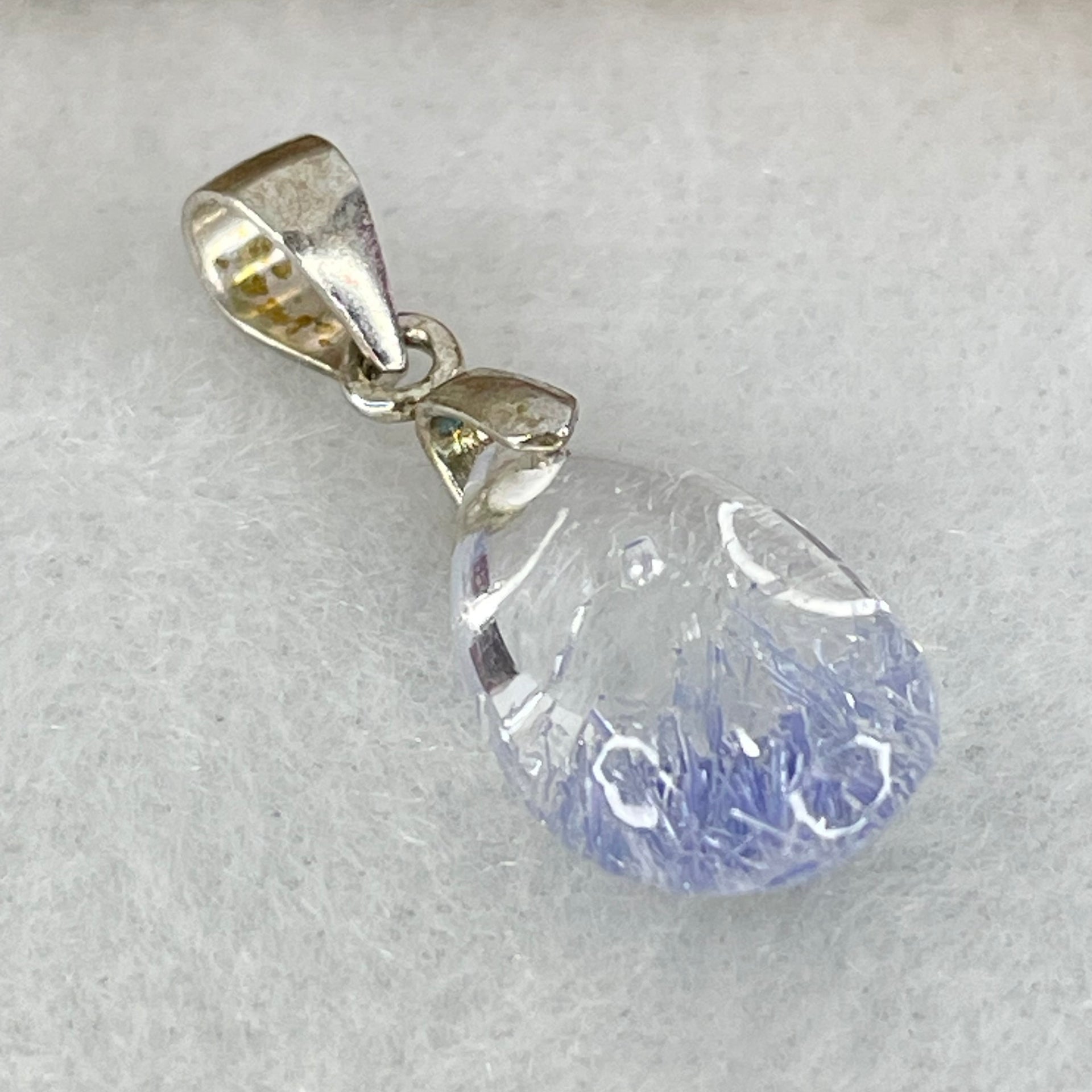Rare Very Good Grade Natural Blue Dumortierite Rutilated Quartz Teardrop Pendant with S925 Sliver Clasps 1.22g 14.8 by 9.2 by 6.1mm - Huangs Jadeite and Jewelry Pte Ltd
