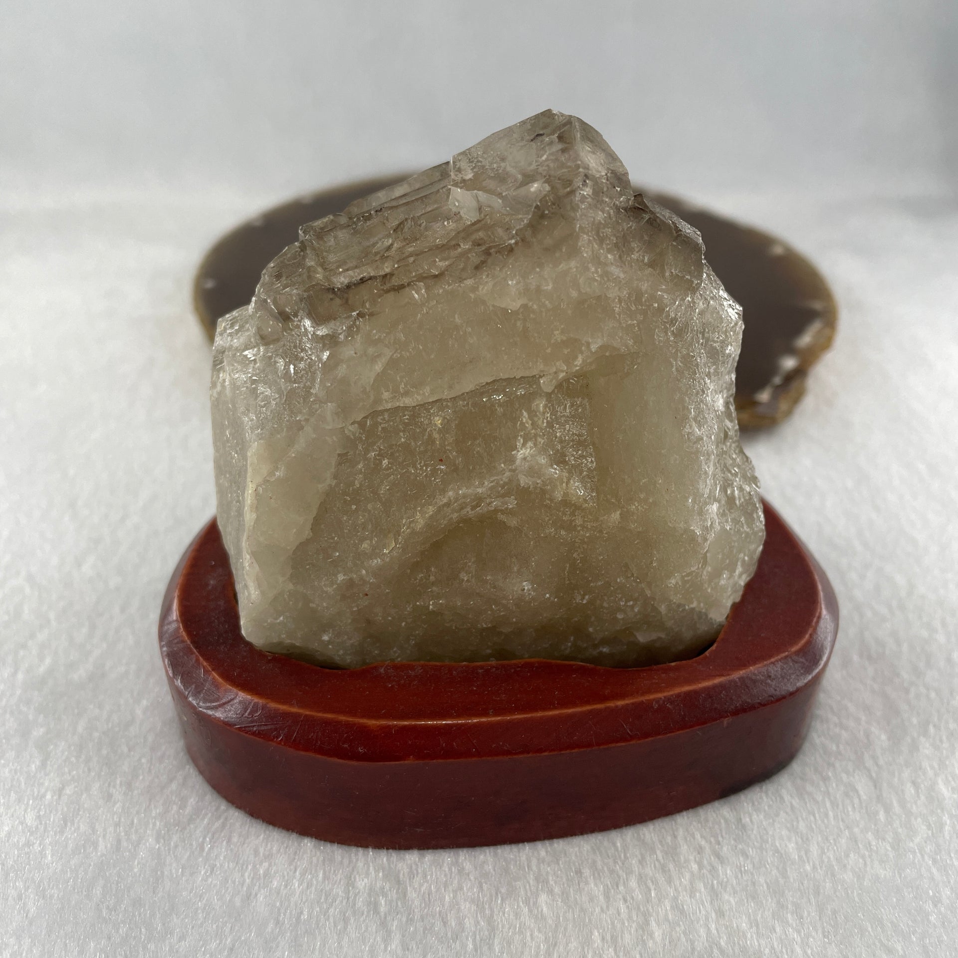 Natural Smoky Quartz Rough Irregular Shape Display in Wooden Stand 483.64g 99.3 by 83.1 by 91.0mm - Huangs Jadeite and Jewelry Pte Ltd