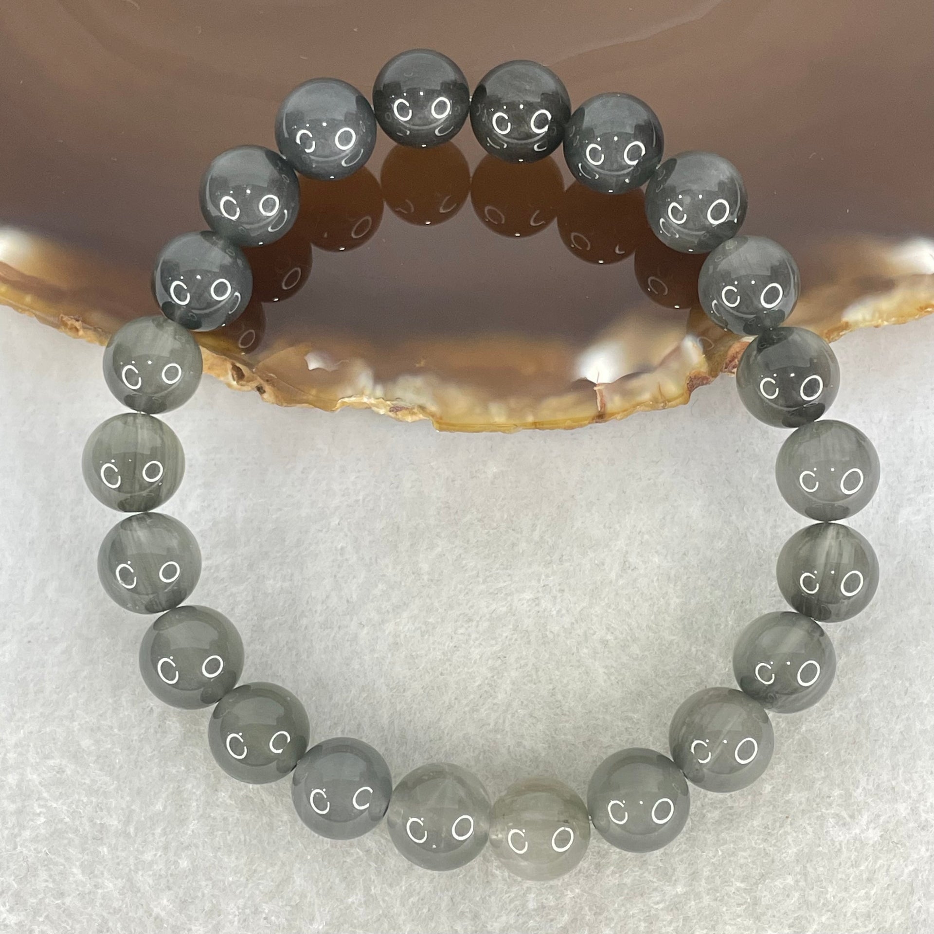 Good Grade Natural  Grey Rabbit Hair Rutilated Quartz Beads Bracelet 23.51g 16.5cm 9.4mm 22 Beads - Huangs Jadeite and Jewelry Pte Ltd