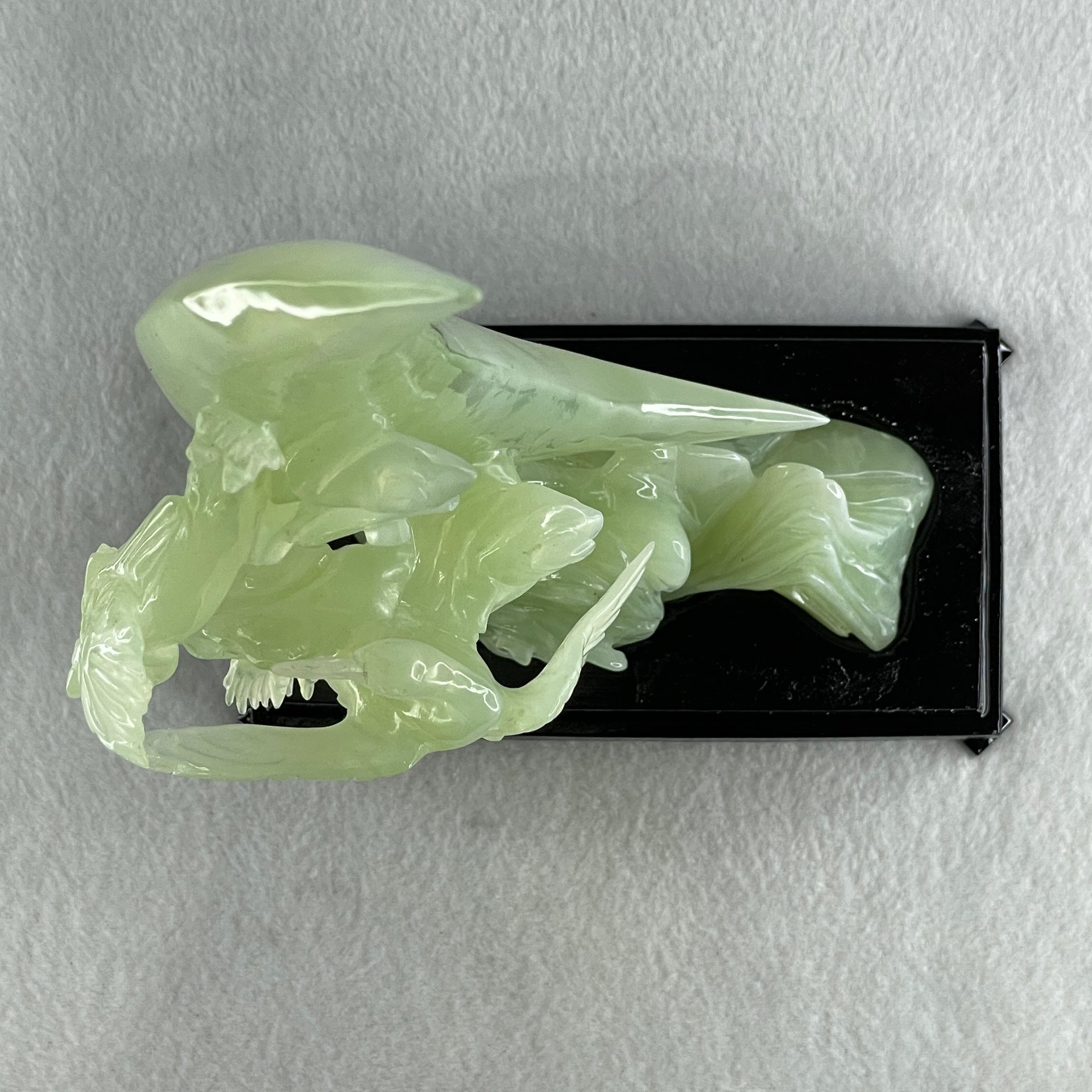 Natural Green Serpentine Twin Cranes on Mountain and Moon with Wooden Stand Display 804.7g H147.0 by B100.0 by H226.0mm - Huangs Jadeite and Jewelry Pte Ltd