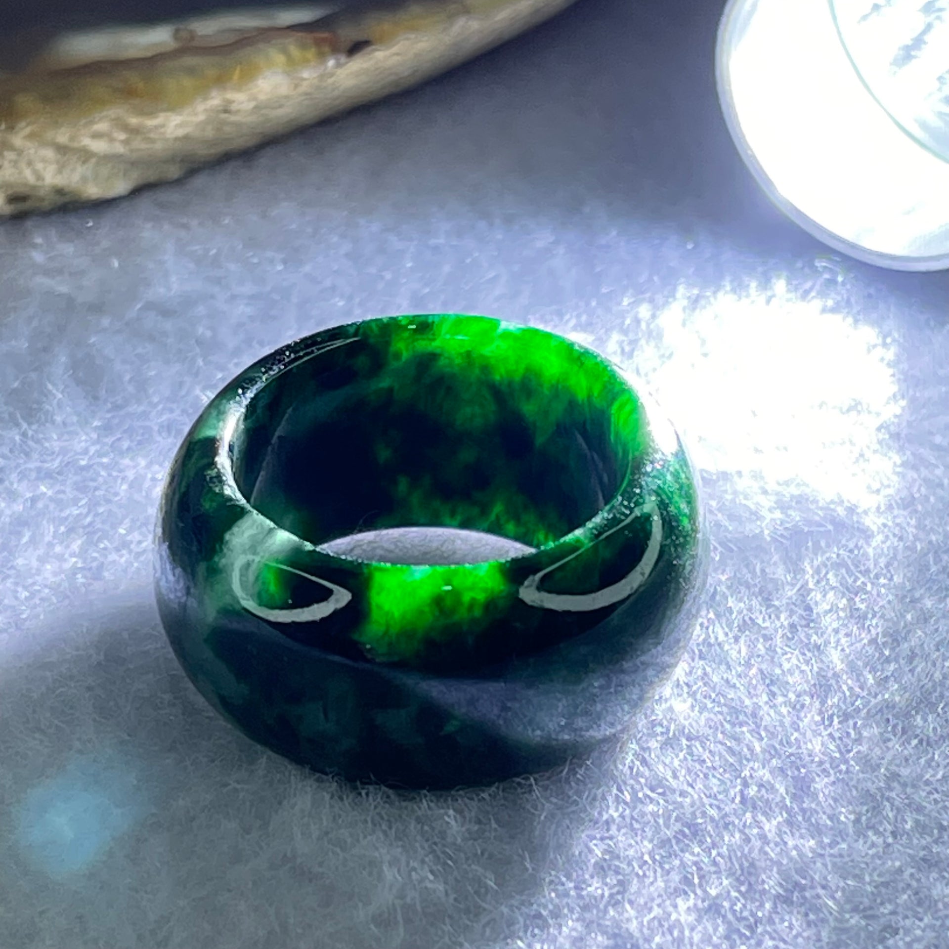Opaque Type A Old Mine Spicy Green Jadeite Ring 9.56g 12.6 by 4.5mm US8 HK17.8 - Huangs Jadeite and Jewelry Pte Ltd