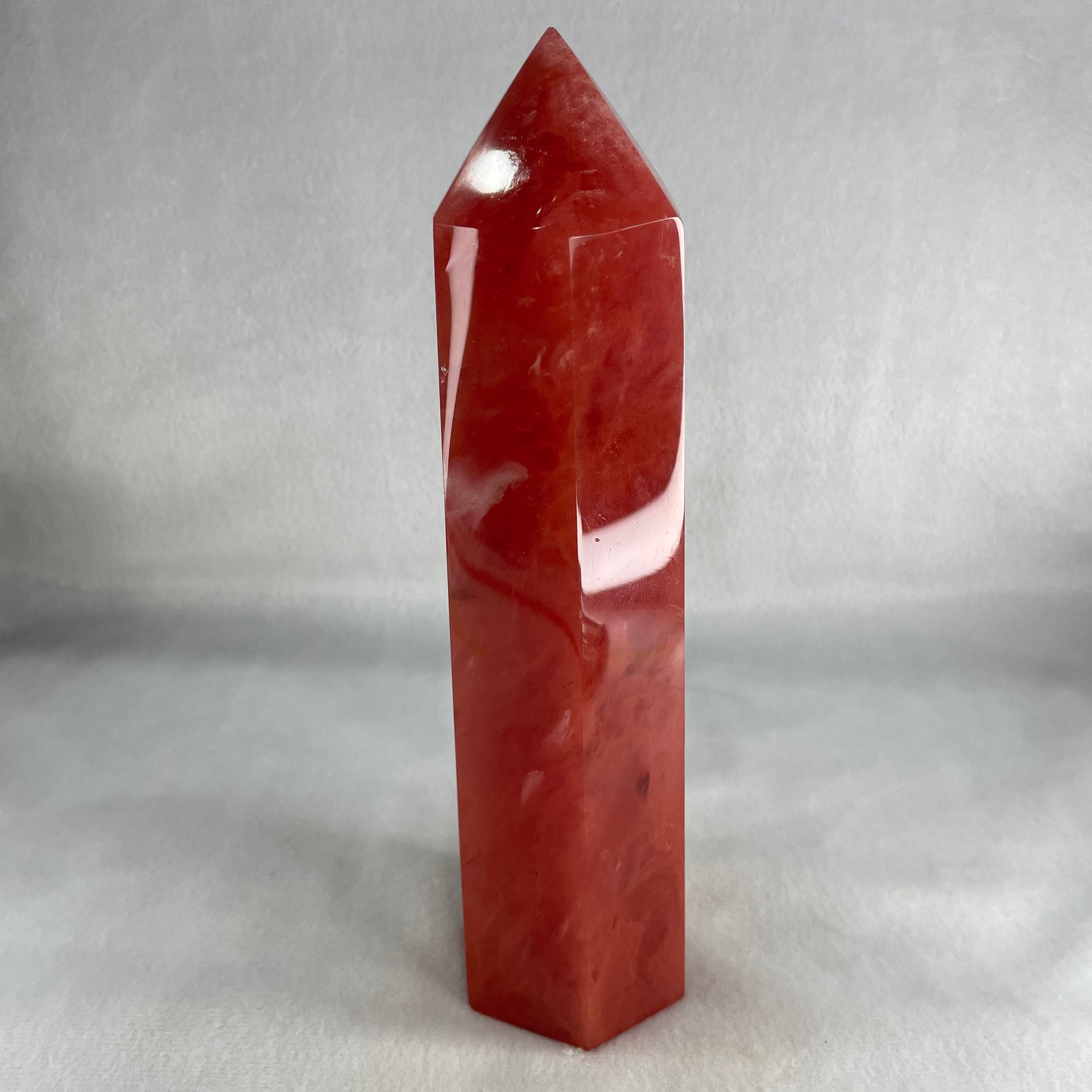 Cherry Quartz Tower with Wooden Stand Display 866.8g 59.3 by 50.0 by 210.0mm - Huangs Jadeite and Jewelry Pte Ltd