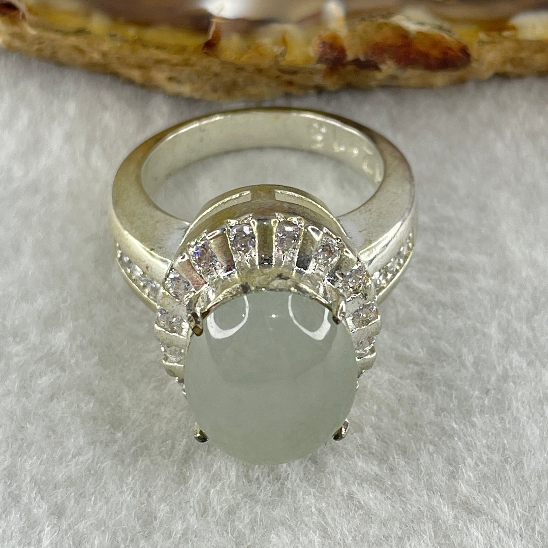Type A Natural White to Faint Green Jadeite Cabochon 14.5 by 11.7 by 4.0mm Stone for Setting 15.72g (On Silver Ring Mold) US 8.75 HK 19.5 - Huangs Jadeite and Jewelry Pte Ltd