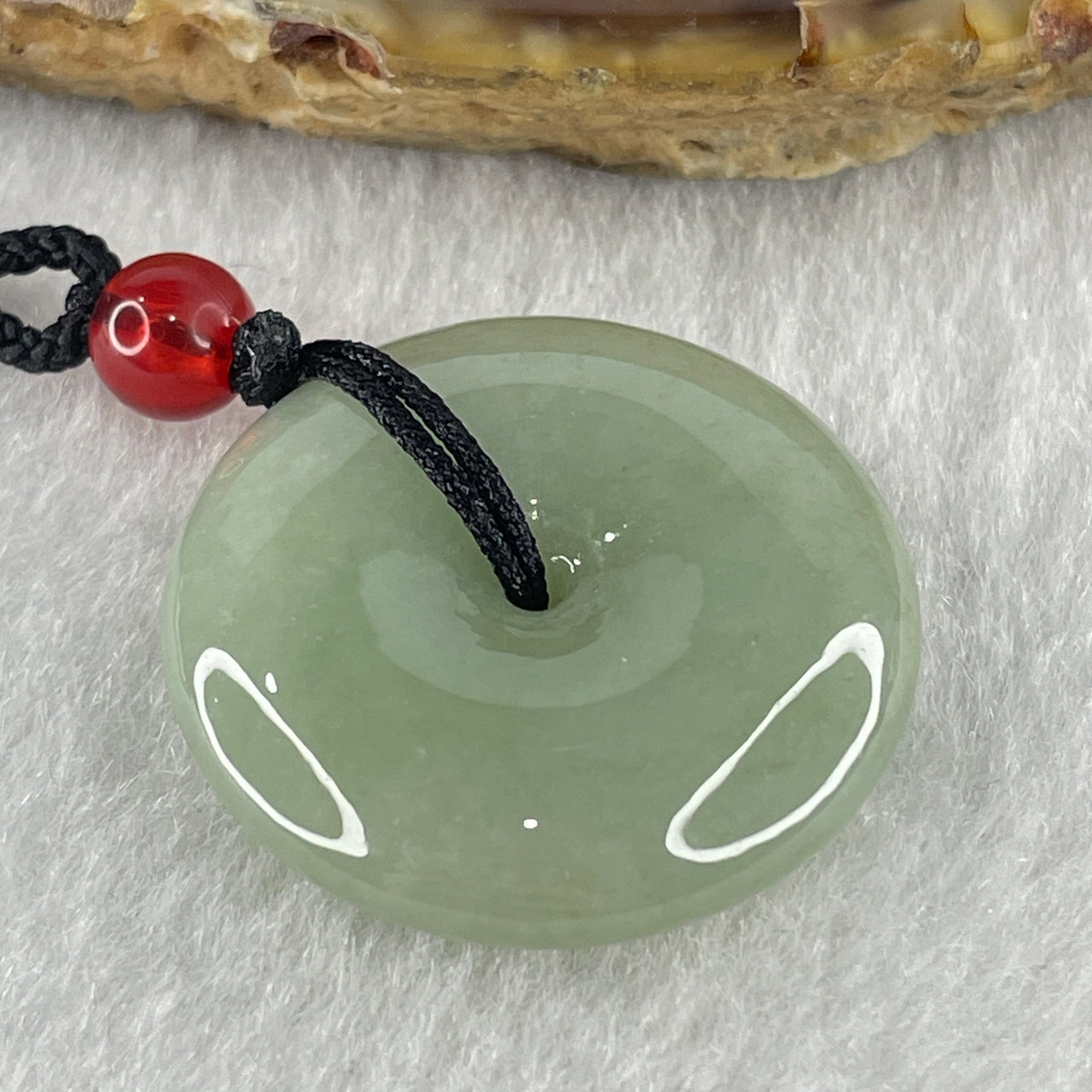 Natural Type A Green Jadeite Ping An Kou Donut Pendant in String Necklace 10.08g 25.3 by 6.9mm