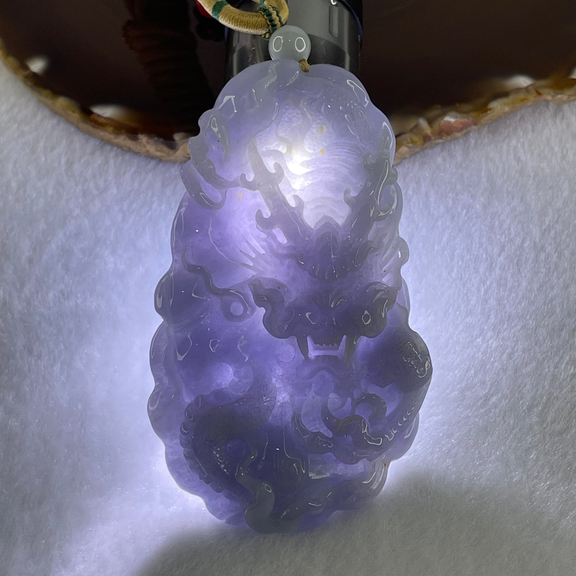 Type A Intense Lavender Jadeite Dragon Double Side Pendant 102.09g 83.3 by 50.7 by 14.2mm - Huangs Jadeite and Jewelry Pte Ltd