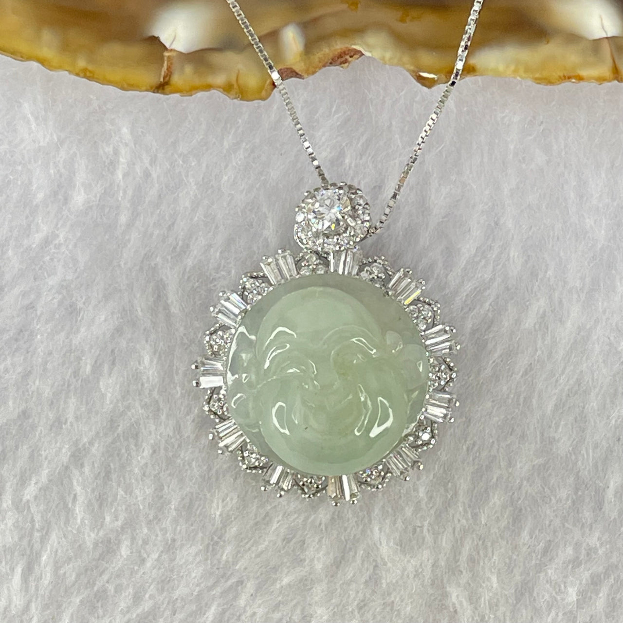 Type A Faint Green Milo Buddha with Crystals in S925 Sliver Pendant and Necklace 7.61g 16.2 by 16.2 by 8.5mm - Huangs Jadeite and Jewelry Pte Ltd