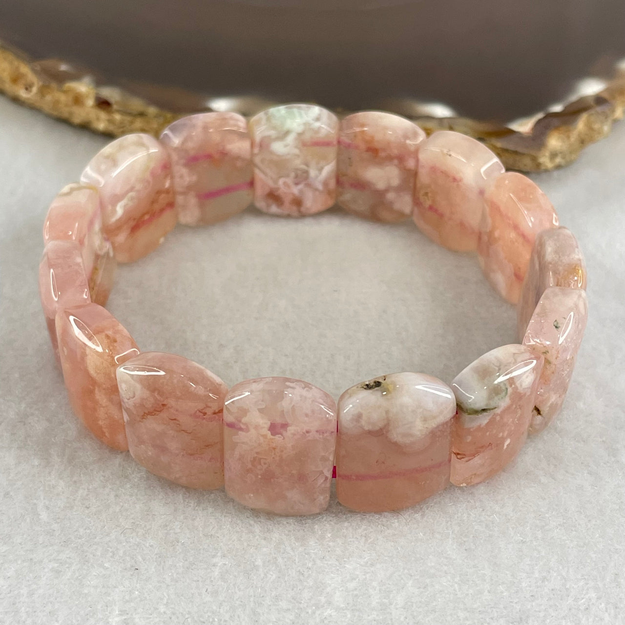 Above Average Natural Pink Flower Agate Shou Pai Bracelet 37.75g 17cm 17.8 by 13.1mm 15 Pieces (Slight External Rough) - Huangs Jadeite and Jewelry Pte Ltd