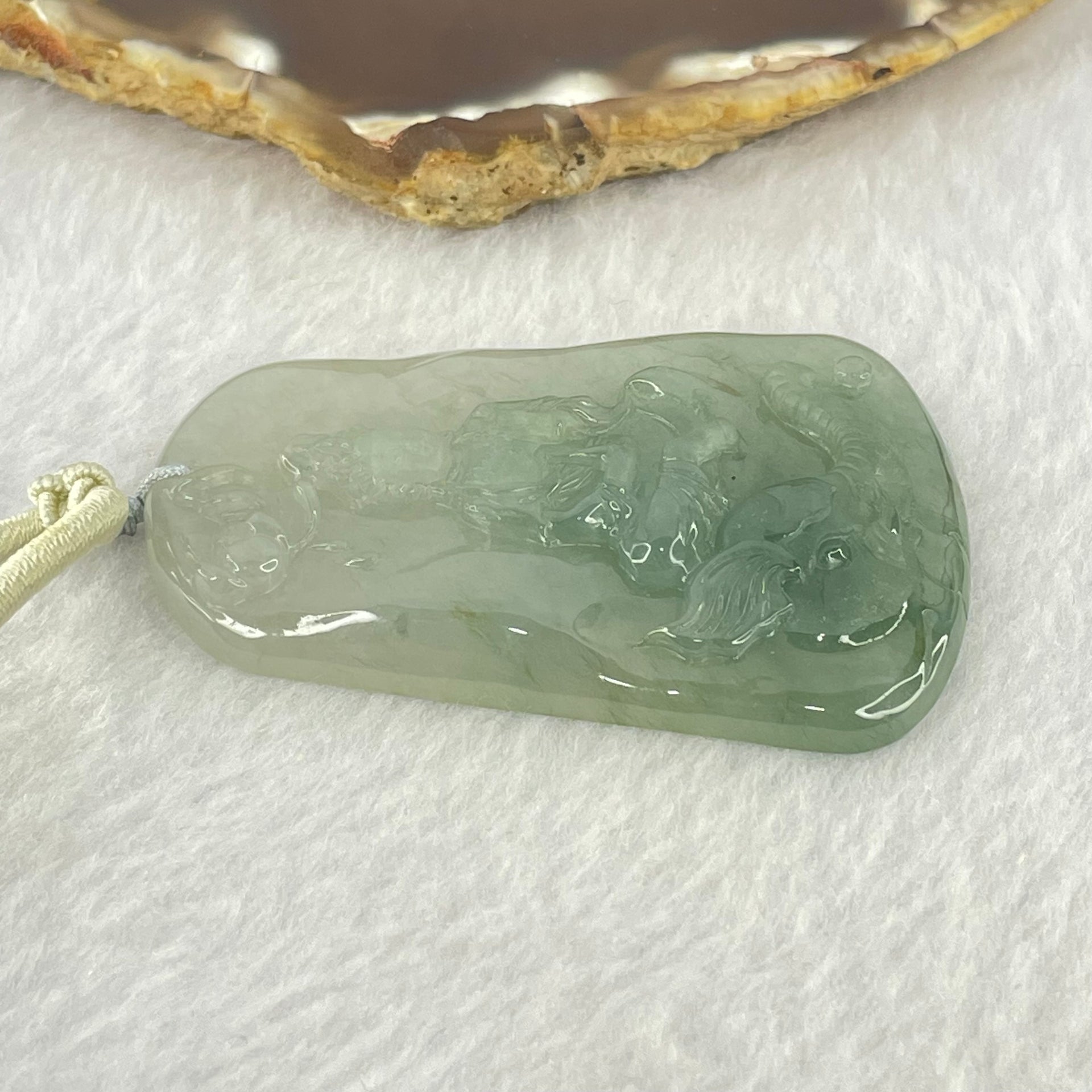 Type A Semi Icy Blueish Green Jadeite Guan Yin With Elephant and Flower Samantha Bodhisattva Pendant 31.38g 58.4 by 38.8 by 7.2mm - Huangs Jadeite and Jewelry Pte Ltd