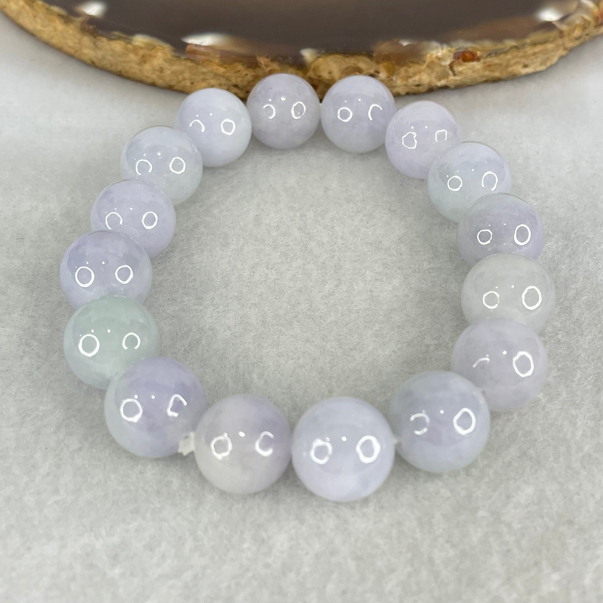 Good Grade Type A Lavender with Green Piao Hua  Jadeite Beads Bracelet 45.92g 16cm by 12.1mm by 16 Beads - Huangs Jadeite and Jewelry Pte Ltd