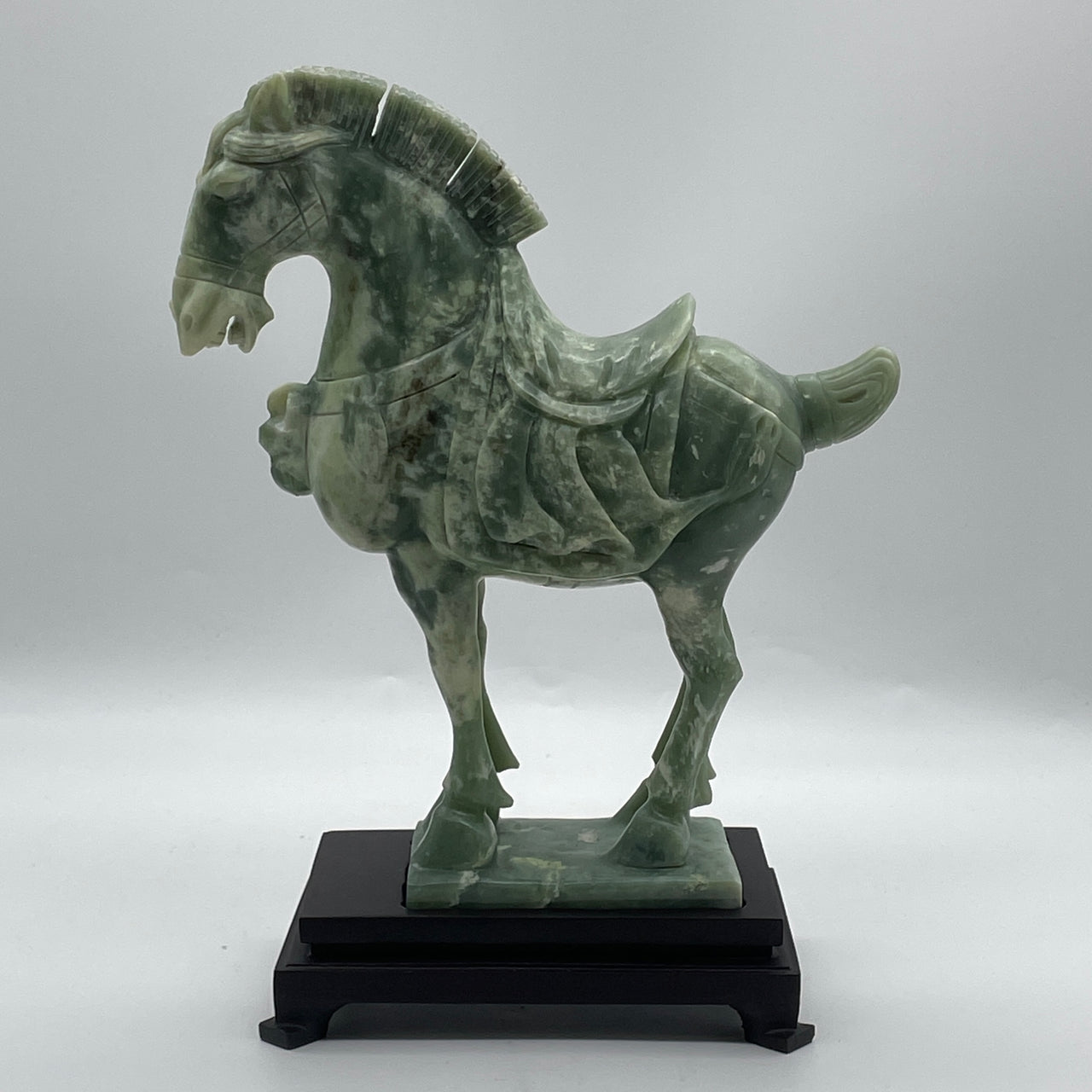 Natural Green With Black Spot Serpentine Horse with Wooden Stand Display 1,818.8g 195.0 by 95.0 by 265.0mm
