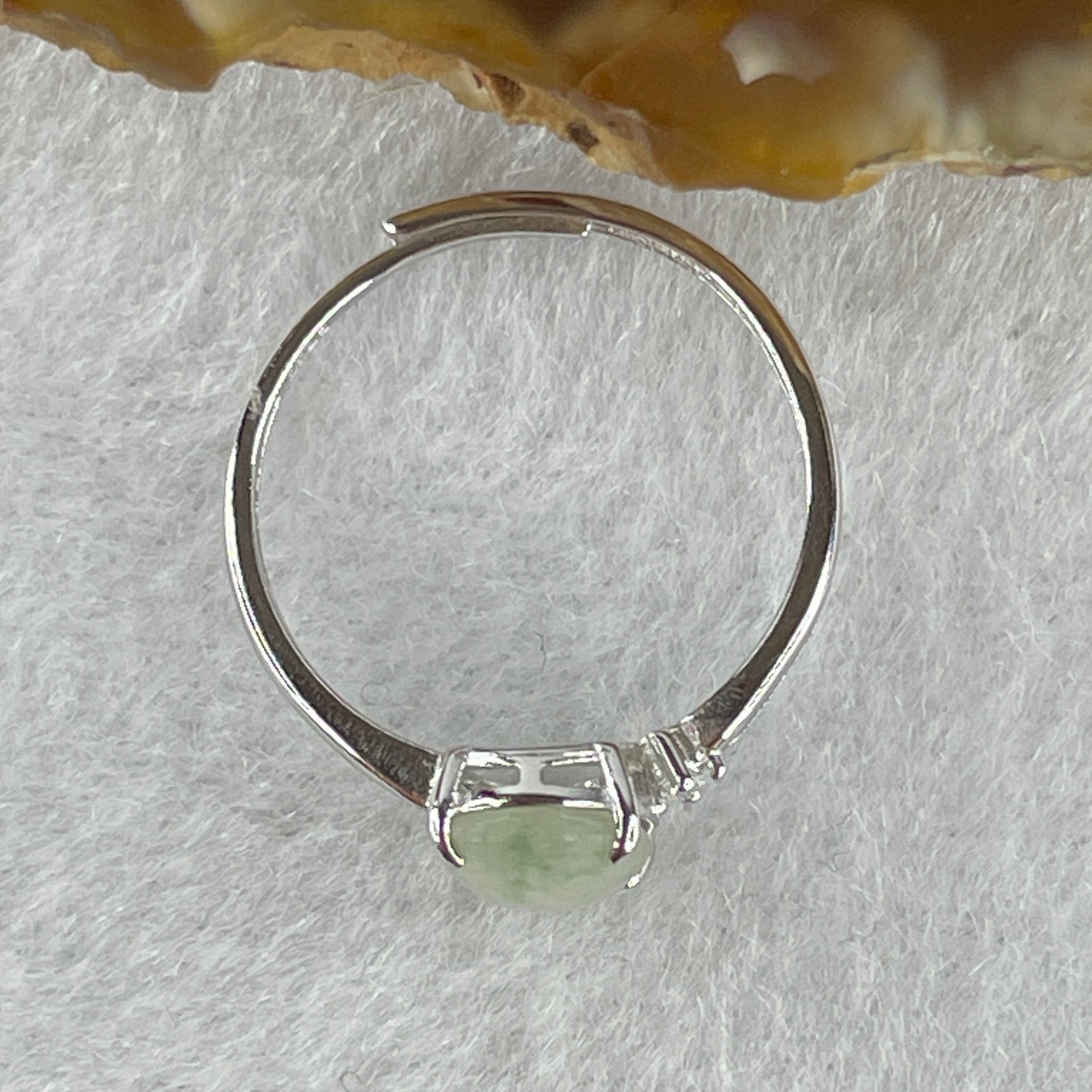 Natural Type A Semi Icy Faint Green Jadeite Oval Shape Cabouchon in S925 Silver Ring (Adjustable Size) 1.18g 8.8 by 6.4 by 3.0mm - Huangs Jadeite and Jewelry Pte Ltd