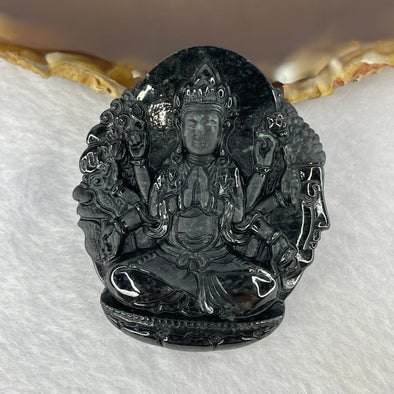 Type A Opaque Black Omphasite Jadeite Thousand Hands Guan Yin with Good VS Evil Pendent A货墨翠千手观音 48.20g by 50.7 by 43.8 by 12.5 mm - Huangs Jadeite and Jewelry Pte Ltd