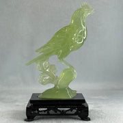 Natural Green Serpentine Javan Mynah Birds on Tree with Wooden Stand Display 375.6g 112.0 by 188.0 by 66.0mm - Huangs Jadeite and Jewelry Pte Ltd