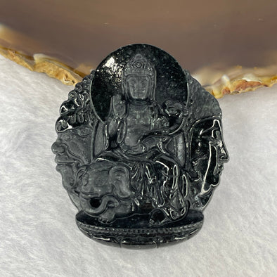Type A Opaque Black Omphasite Jadeite Guan Yin on Elephant with Good VS Evil Pendent A货墨翠观音 46.80g 50.5 by 44.1 by 12.2mm - Huangs Jadeite and Jewelry Pte Ltd