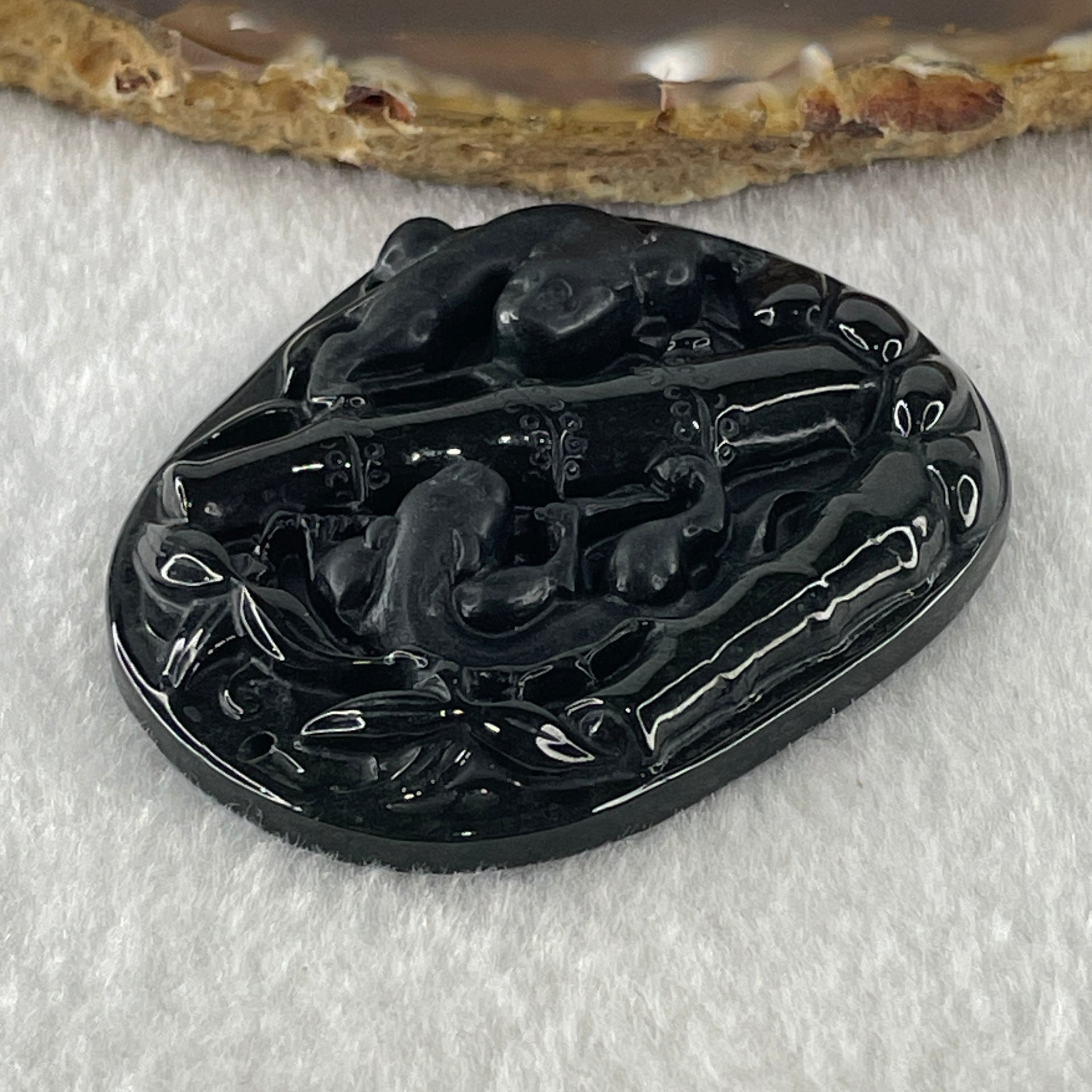Type A Opaque to Partial Translucent Black Omphacite Jadeite Pixiu Pair with Bamboo Pendant 24.47g 53.7 by 43.2 by 8.4mm - Huangs Jadeite and Jewelry Pte Ltd