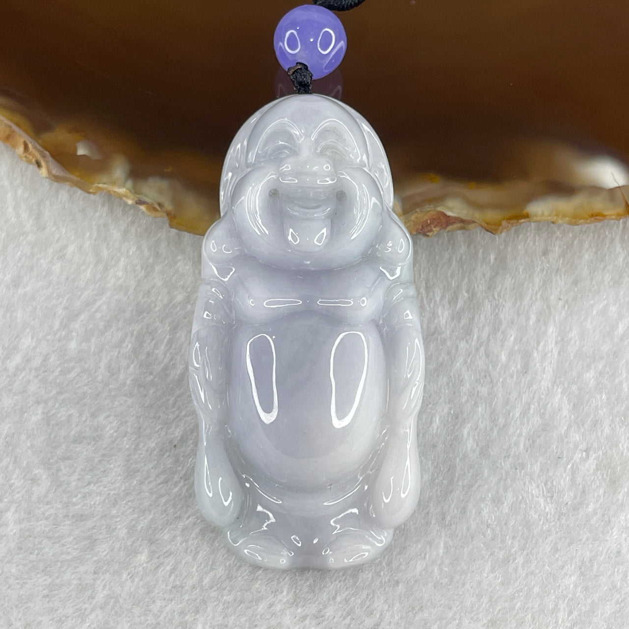 Natural Type A Full Light Lavender Jadeite Standing Milo Buddha Pendant 28.21g 51.3 by 25.3 by 11.5mm