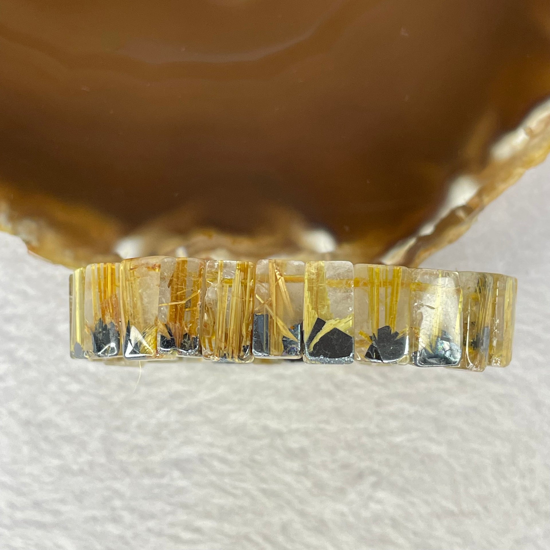 High Quality Natural Golden Rutilated Quartz Bracelet 高品质天然金顺发晶手链 33.46g 15.5cm 13.4 by 7.6 by 5.2mm 27 pc - Huangs Jadeite and Jewelry Pte Ltd