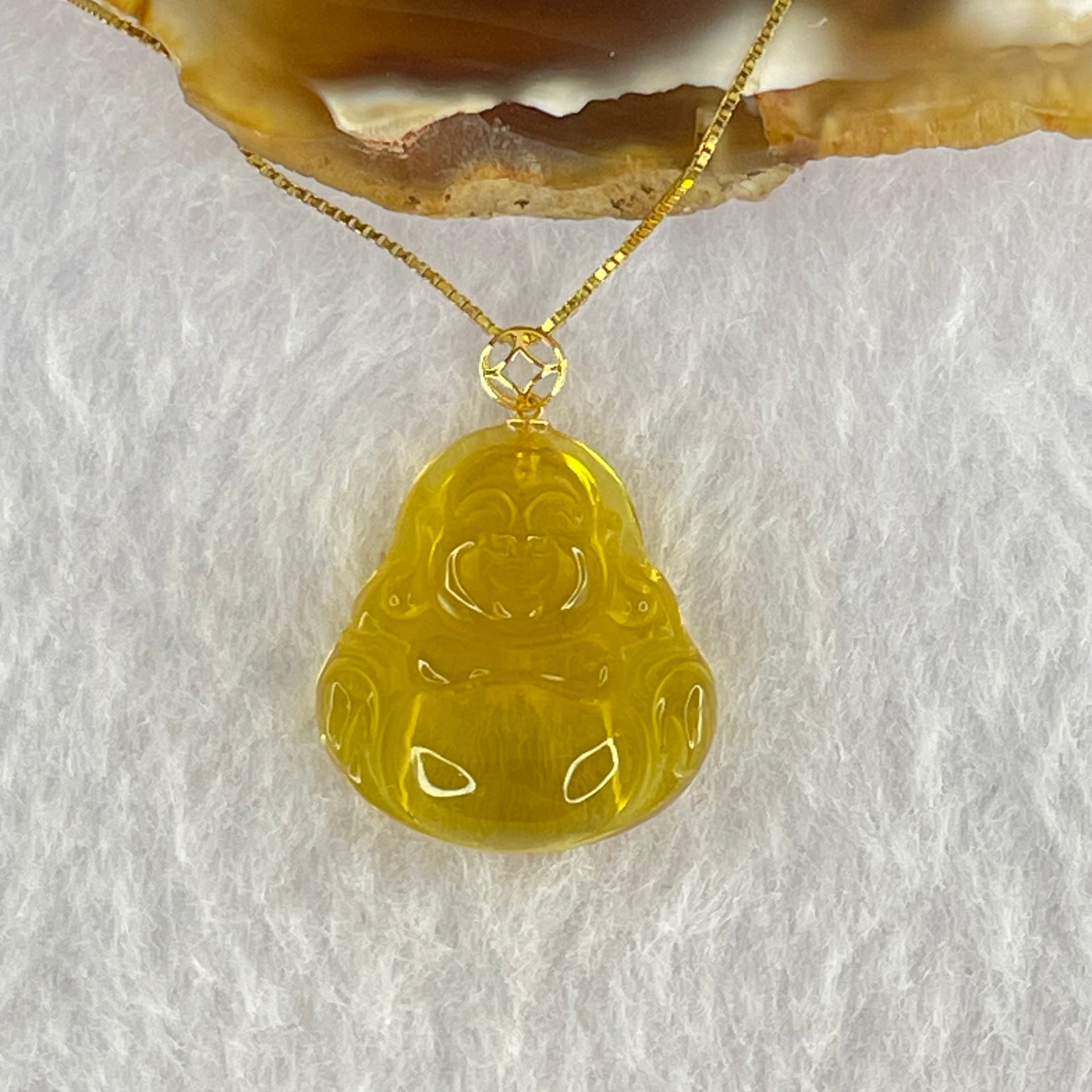 18K Yellow Gold Natural Cognac Amber Milo Buddha Pendent in S925 Sliver Gold Color Necklace 2.05g 18.6 by 17.1 by 5.9mm - Huangs Jadeite and Jewelry Pte Ltd