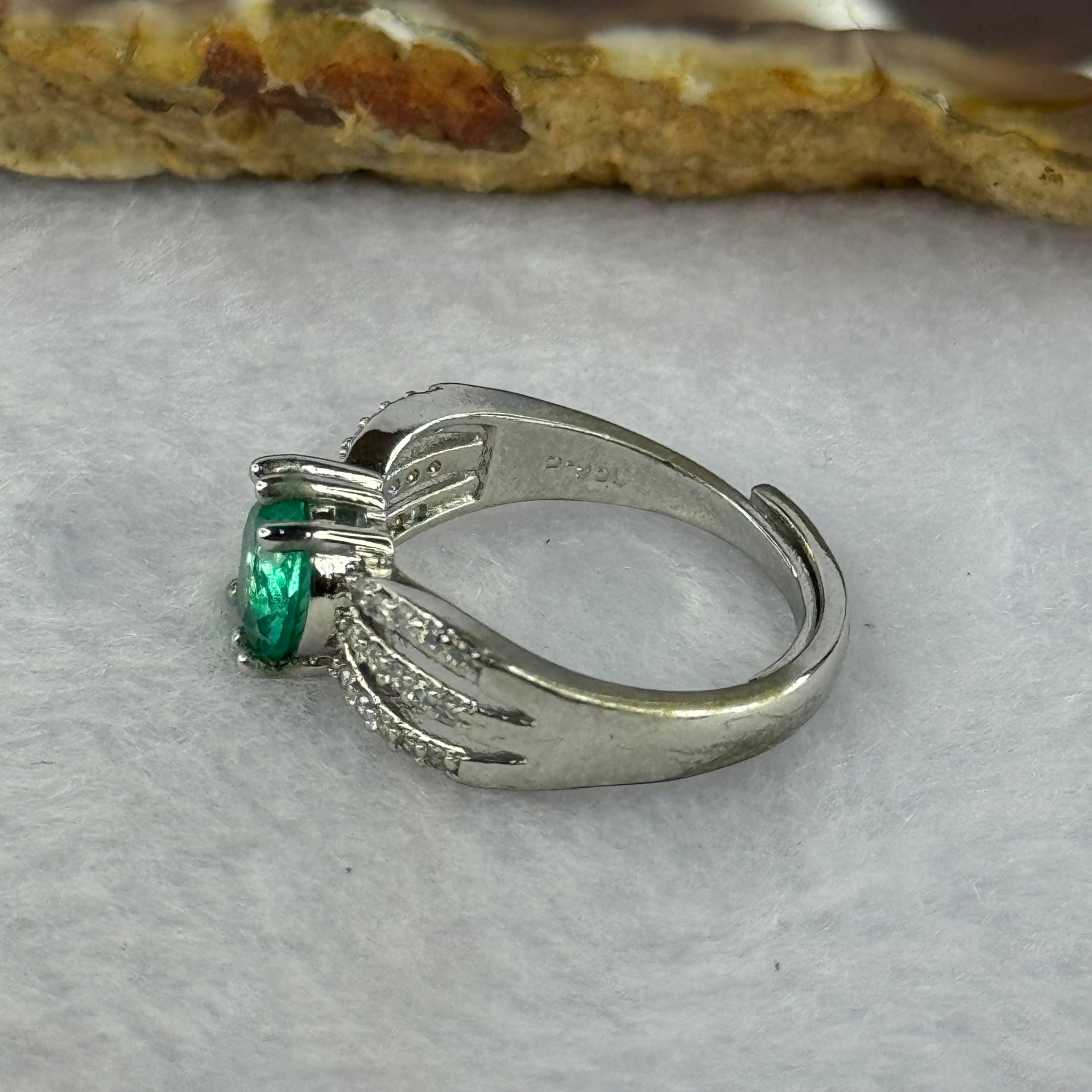 Blueish Green Cubic Zirconia in PT950 Plated S925 Sliver Ring (Adjustable Size) 2.91g 6.8 by 4.3mm - Huangs Jadeite and Jewelry Pte Ltd