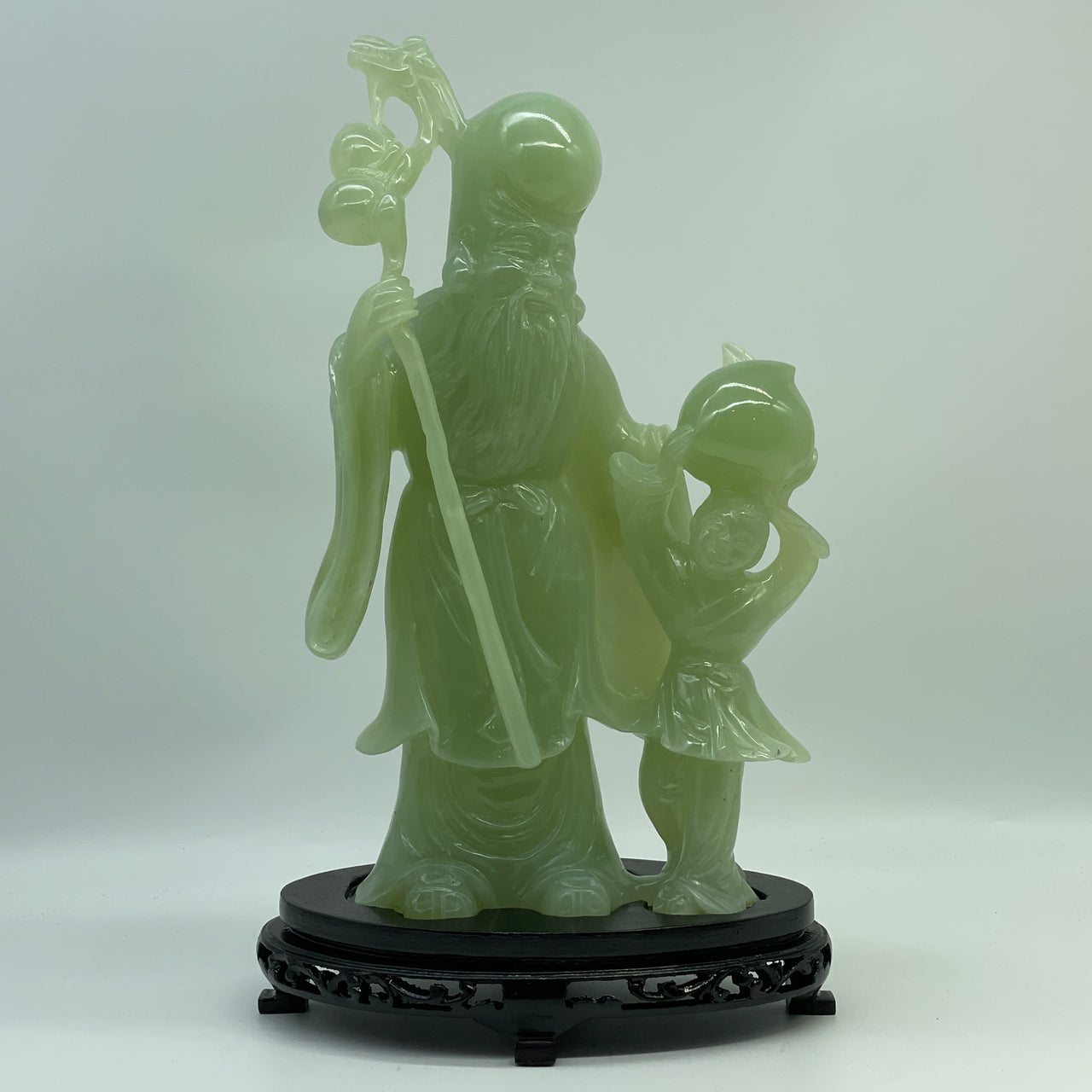 Natural Green Serpentine Shou Xing Gong and Tong Zi with Wooden Stand Display 2,618.6g 190.0 by 115.0 by 315.0mm