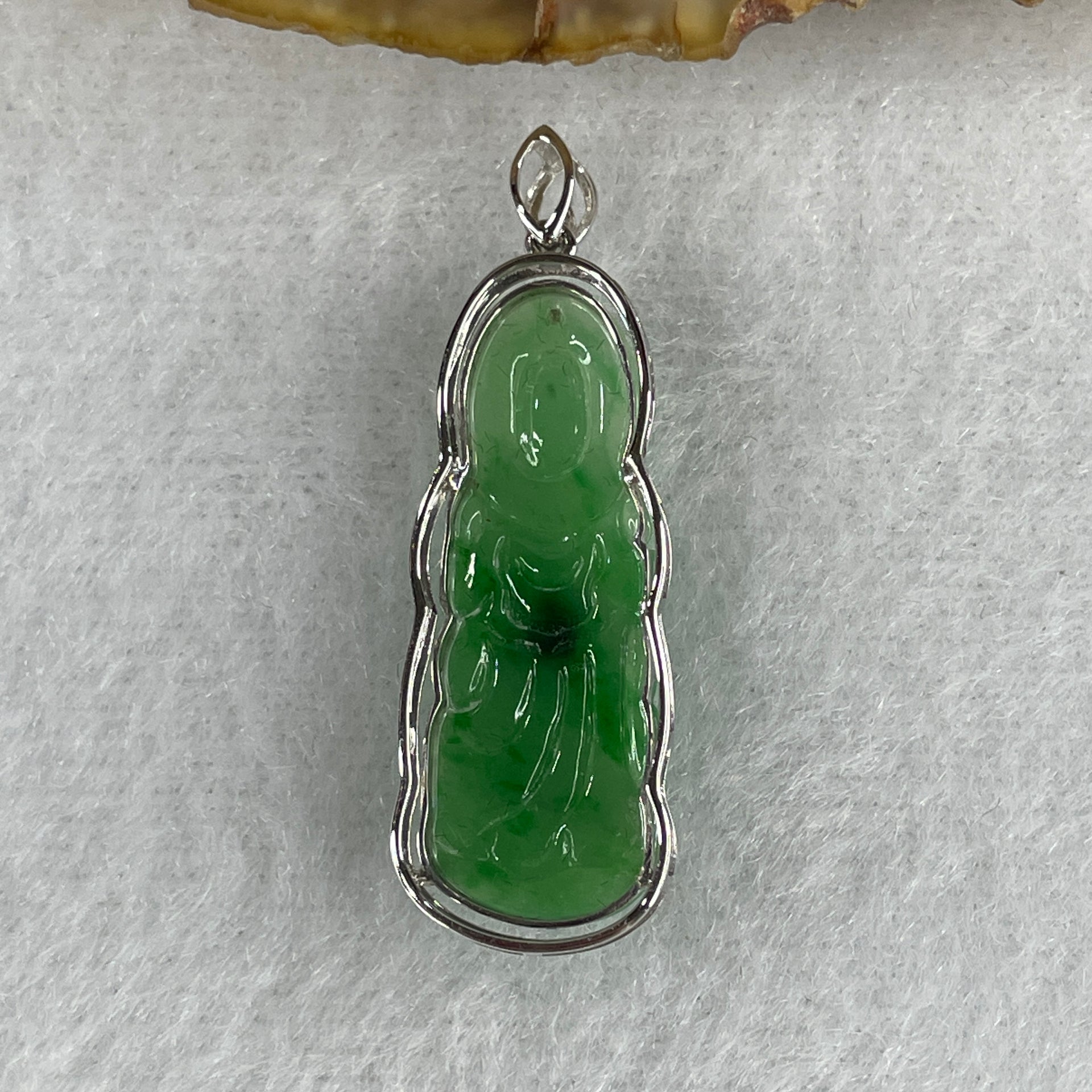 Certified Type A Semi Icy Spicy Green Jadeite Guan Yin Pendant Setting 18k White Gold 2.68g 37.0 by 12.3 by 5.3mm - Huangs Jadeite and Jewelry Pte Ltd