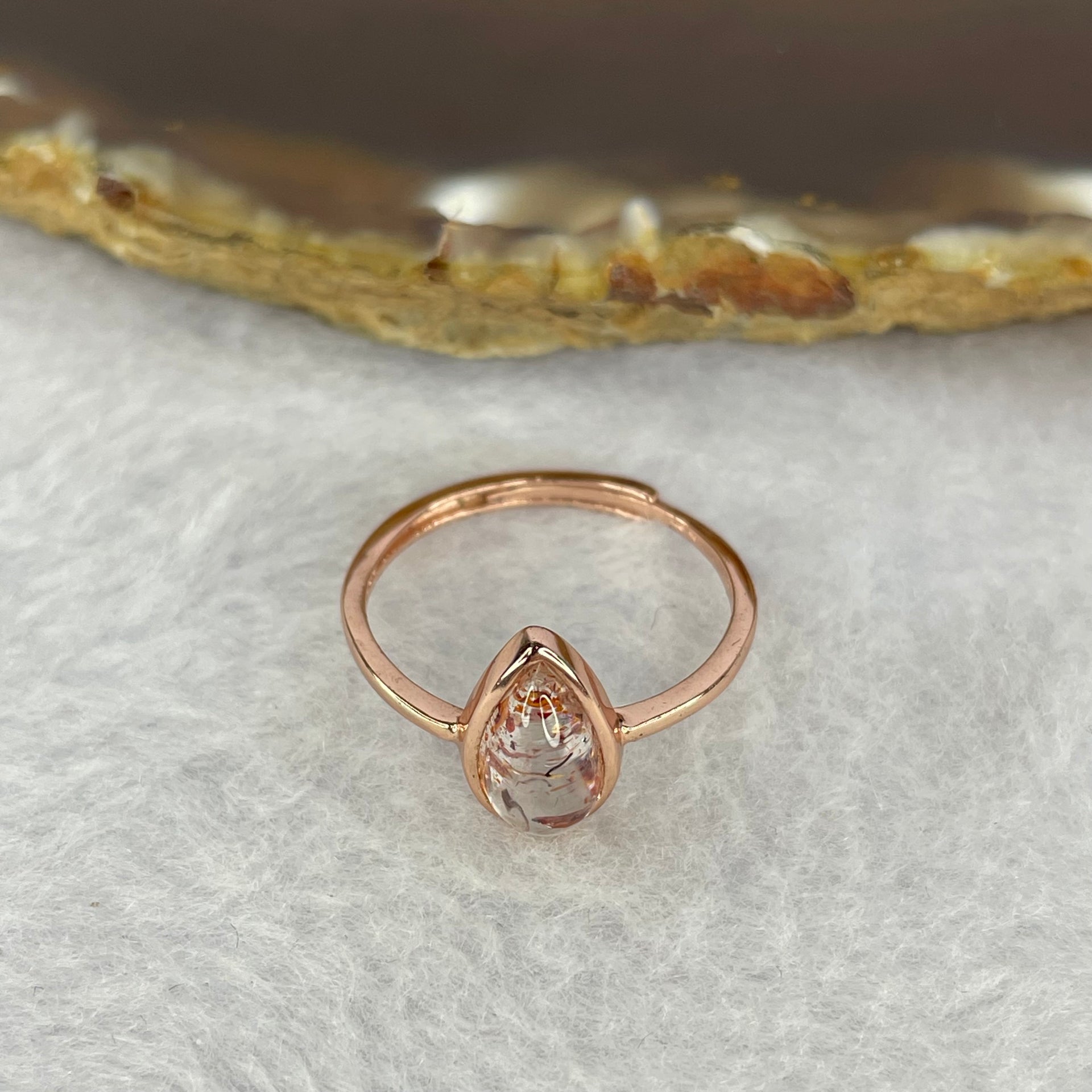 Above Average Grade Natural Super 7 Crystal in 925 Sliver Ring in Rose Gold Color (Adjustable Size) 天然超级七水晶 925 银戒指（可调节尺寸) 1.62g 9.2 by 5.4 by 4.6mm - Huangs Jadeite and Jewelry Pte Ltd