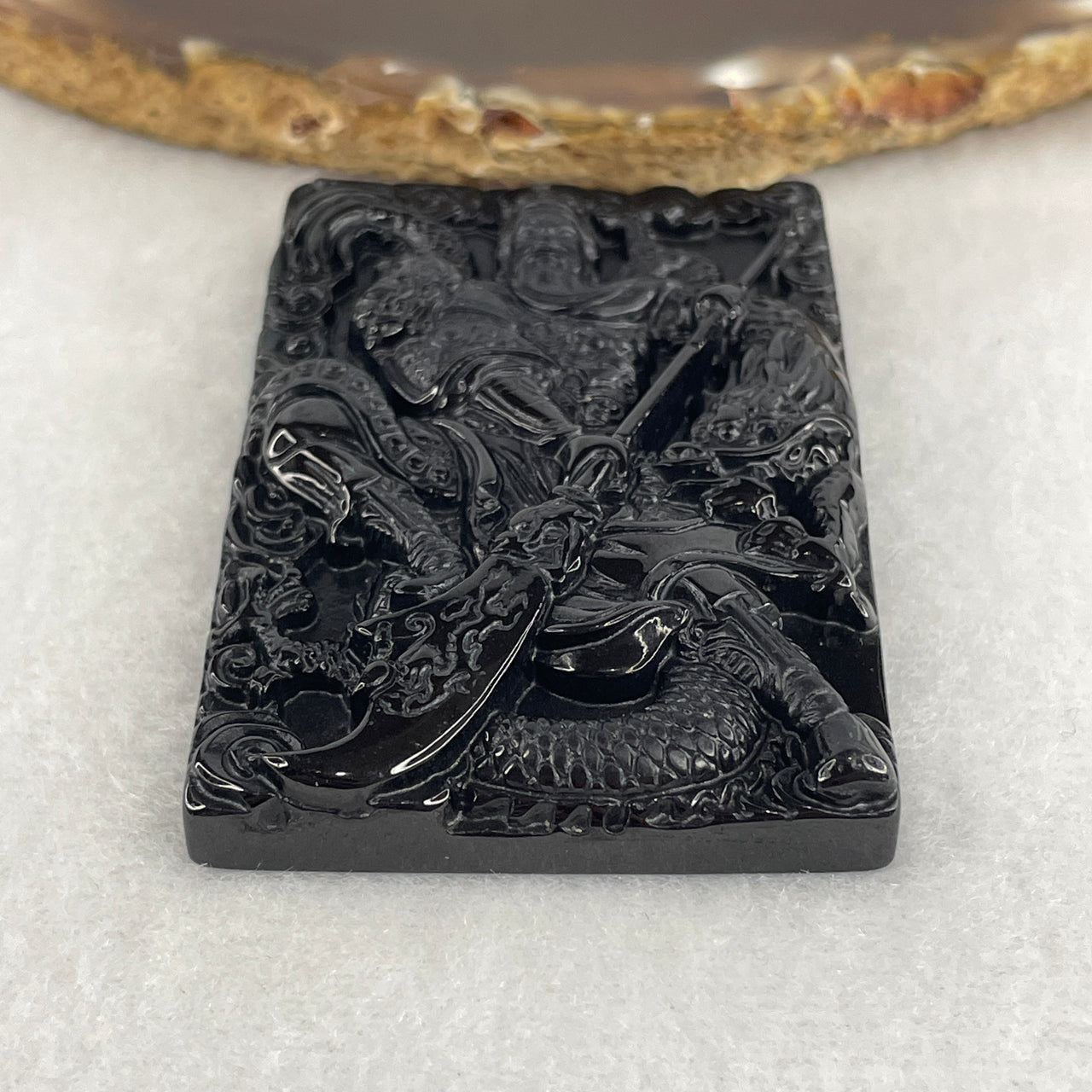 Certified Type A Opaque Black Omphacite Jadeite Guan Gong on Double Dragon Pendant | 63mm Natural Black Jade Martial Guan Gong & Twin Dragon Supreme Protection Talisman (40.72g | 63.5 x 42.3 x 9.5mm)