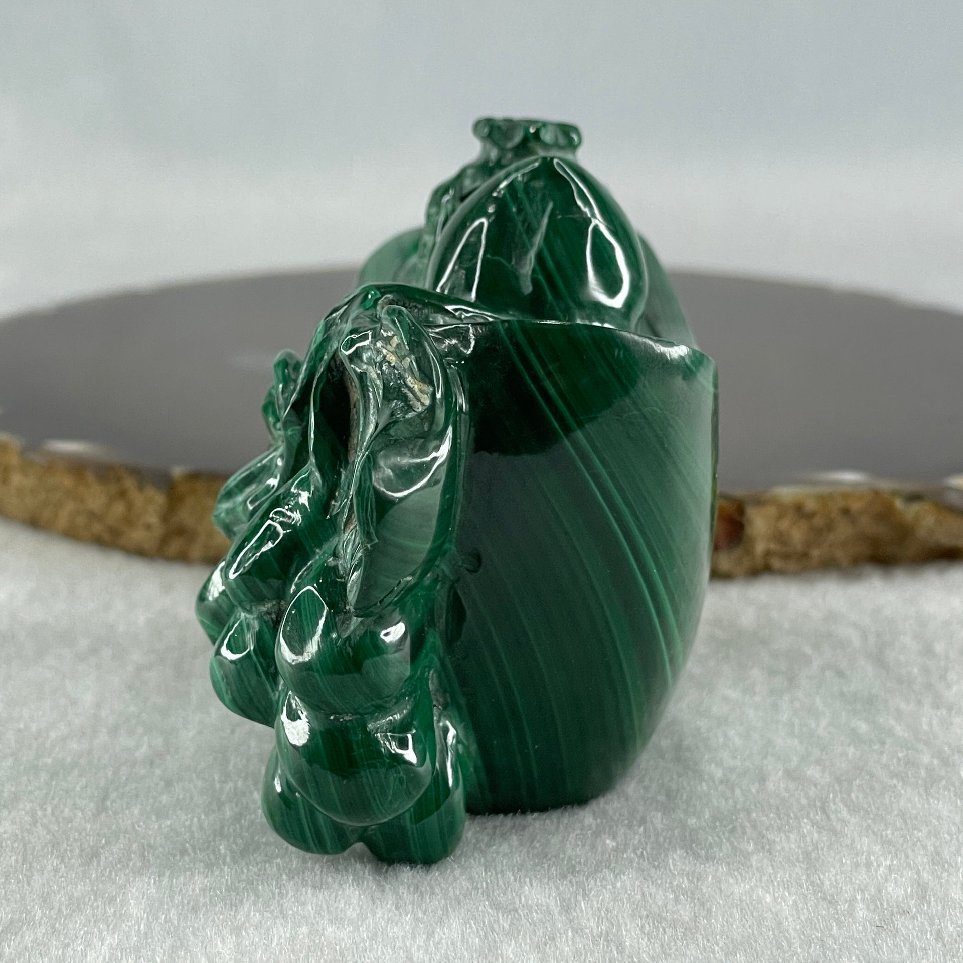 Natural Malachite Yuan Bao Ingot with Money bag and Longevity Beach with Wooden Stand Display 402.5g 96.5 by 45.8 by 76.0mm - Huangs Jadeite and Jewelry Pte Ltd