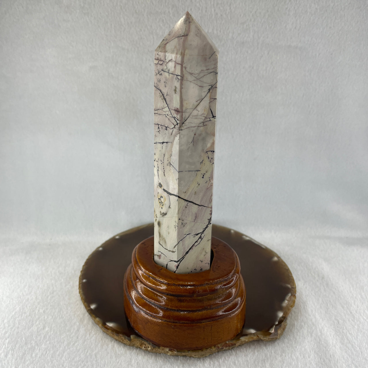 Natural Ligh Brown with Dark Brown Patches Dendritic Jasper Tower with Wooden Stand 403.60g 84.0 by 75.9 by 175.0mm - Huangs Jadeite and Jewelry Pte Ltd