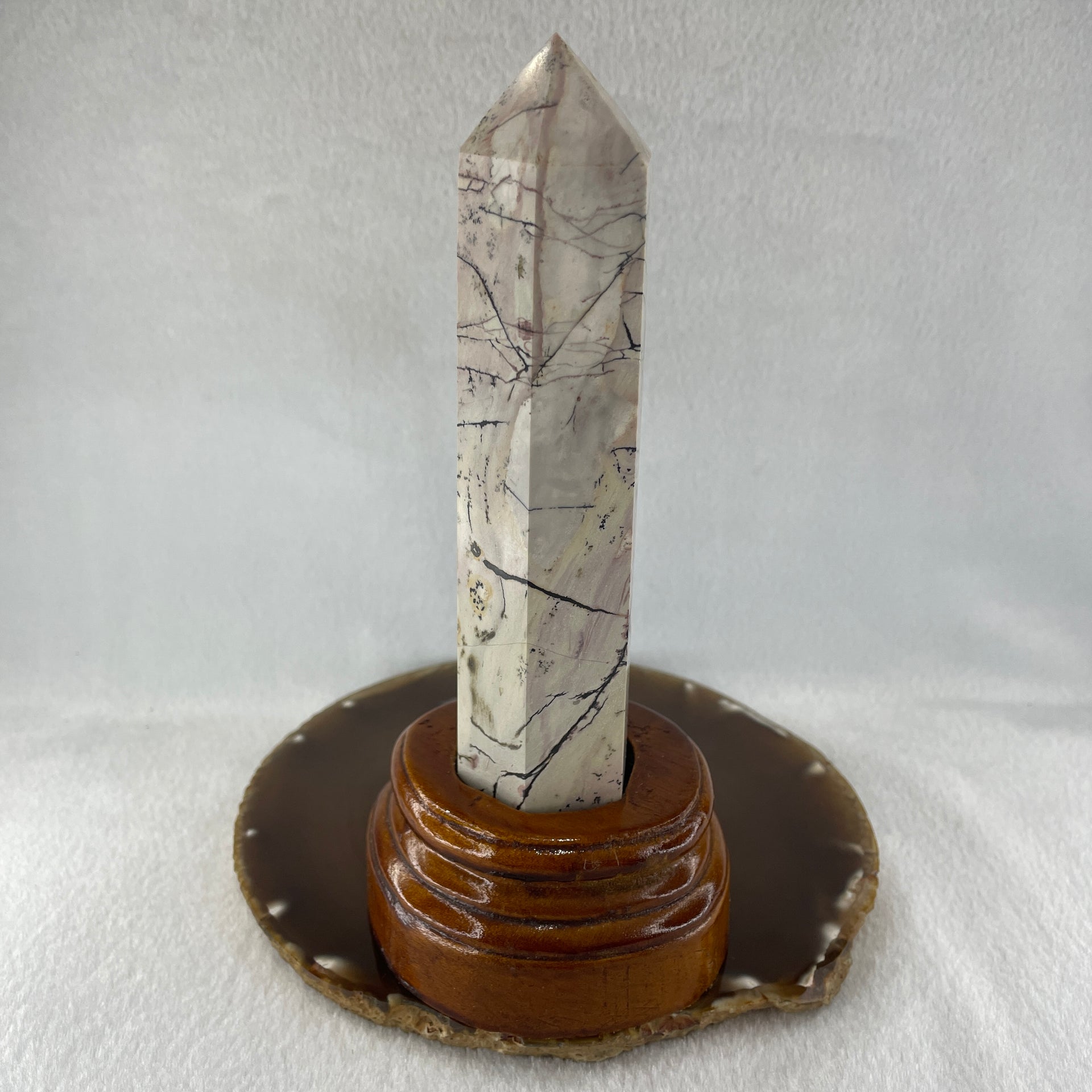 Natural Ligh Brown with Dark Brown Patches Dendritic Jasper Tower with Wooden Stand 403.60g 84.0 by 75.9 by 175.0mm - Huangs Jadeite and Jewelry Pte Ltd
